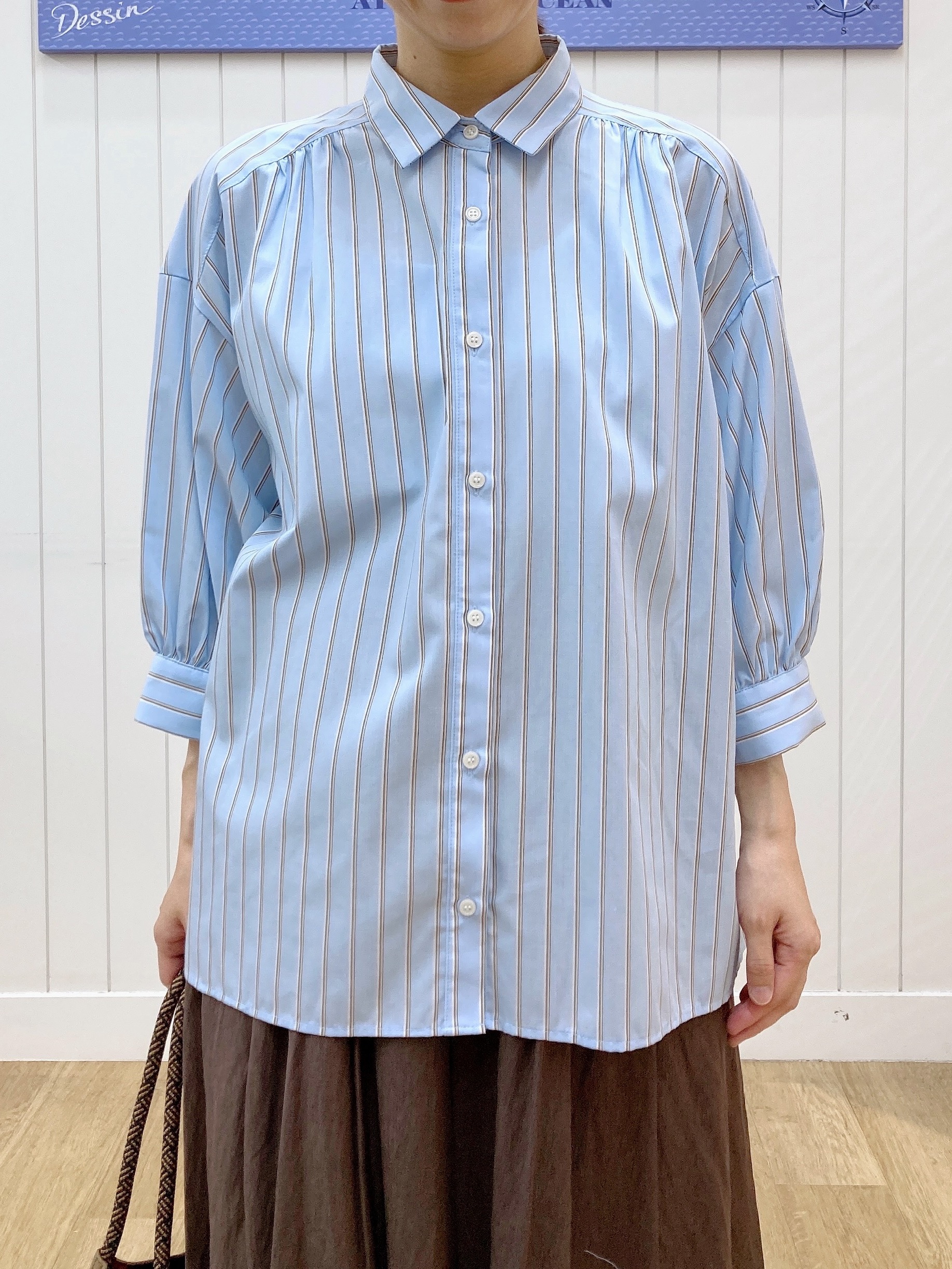 yoshiさんの「Dessin｜【UVカット】ギャザースリーブストライプシャツ6分袖」を使ったコーディネート
