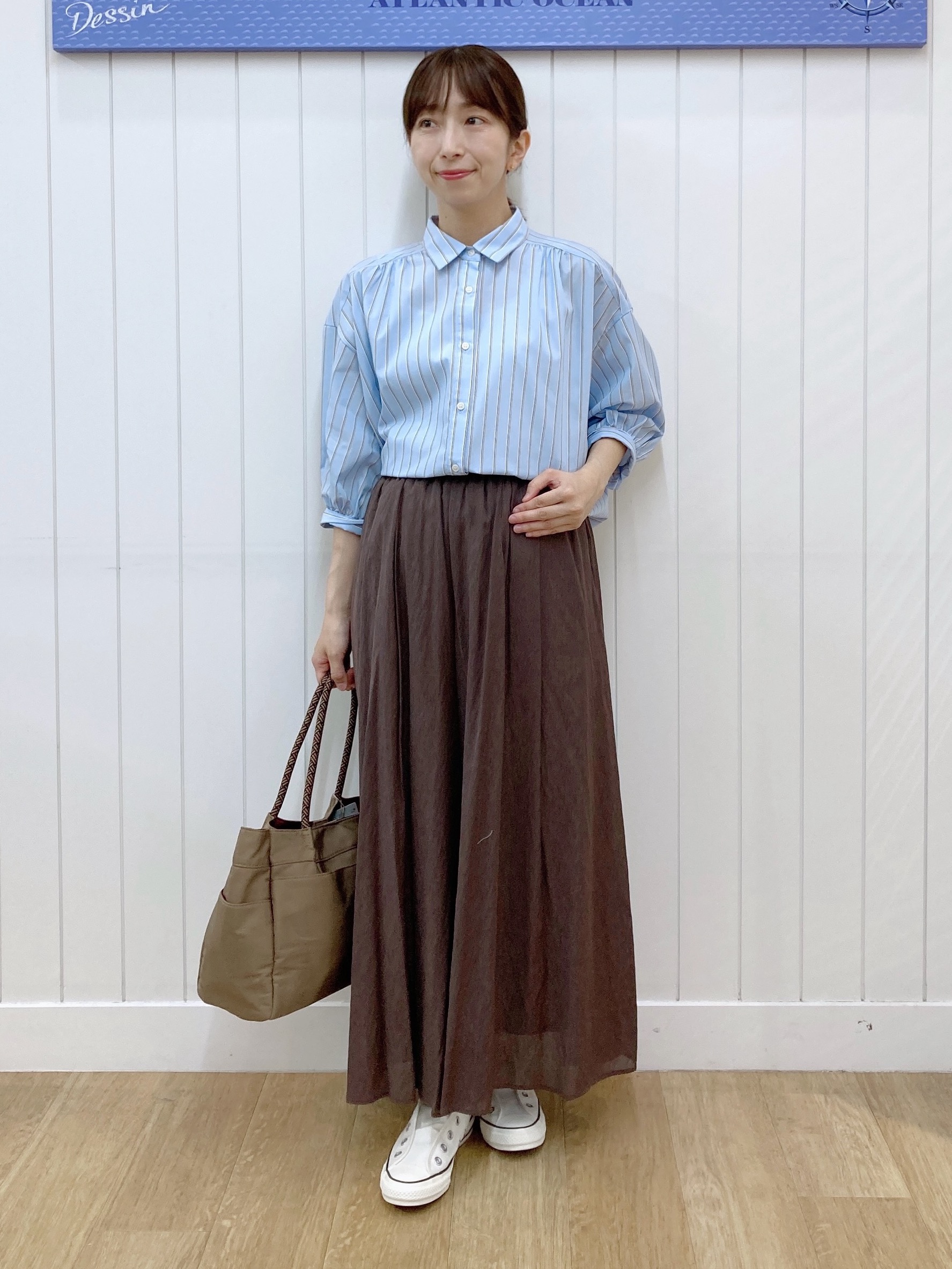 yoshiさんの「Dessin｜【UVカット】ギャザースリーブストライプシャツ6分袖」を使ったコーディネート