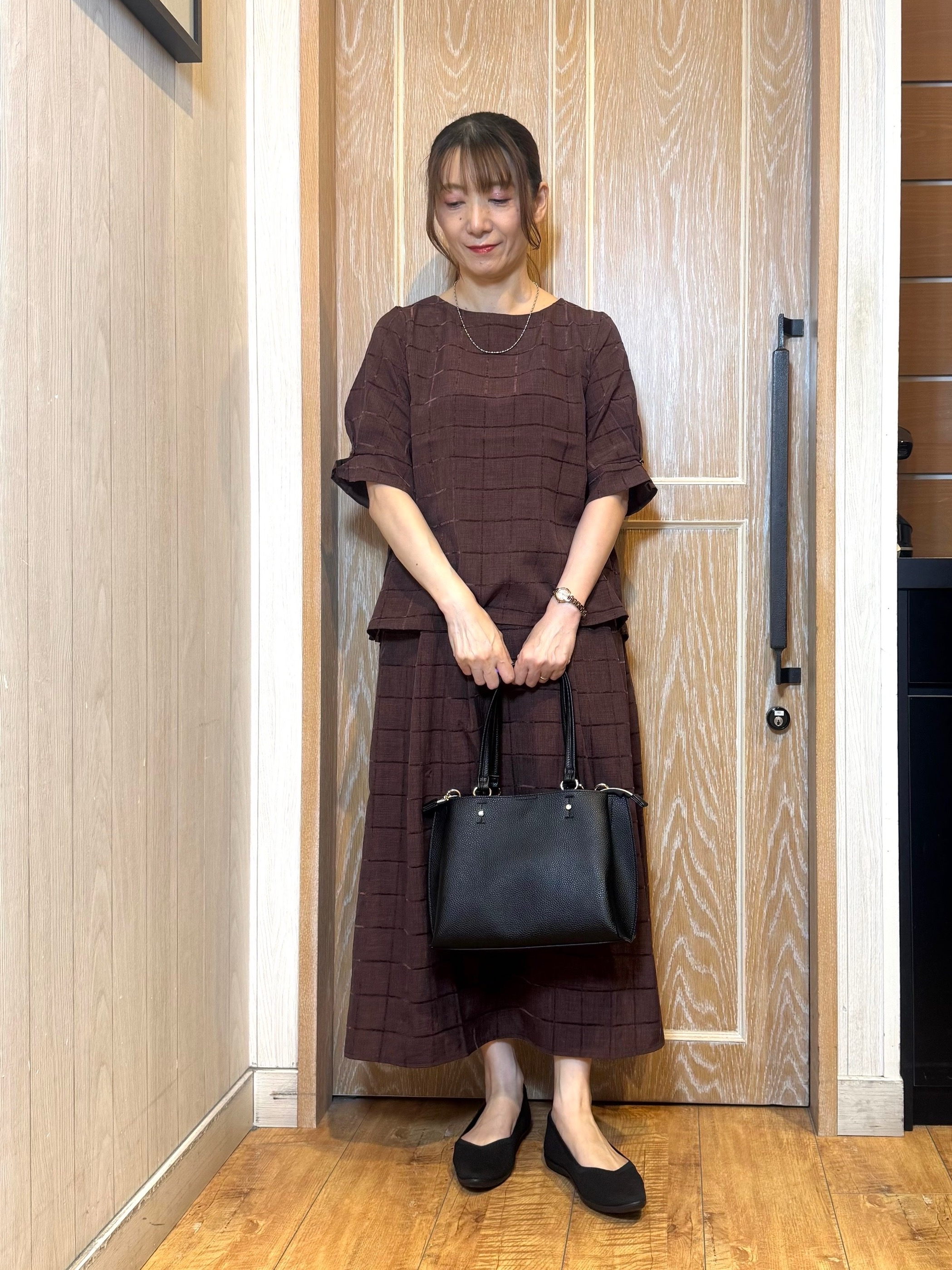 KAORIさんの「SHOO･LA･RUE｜【セットアップ可/S-LL】1枚で秋気分 モールチェックタックスリーブ ブラウス」を使ったコーディネート