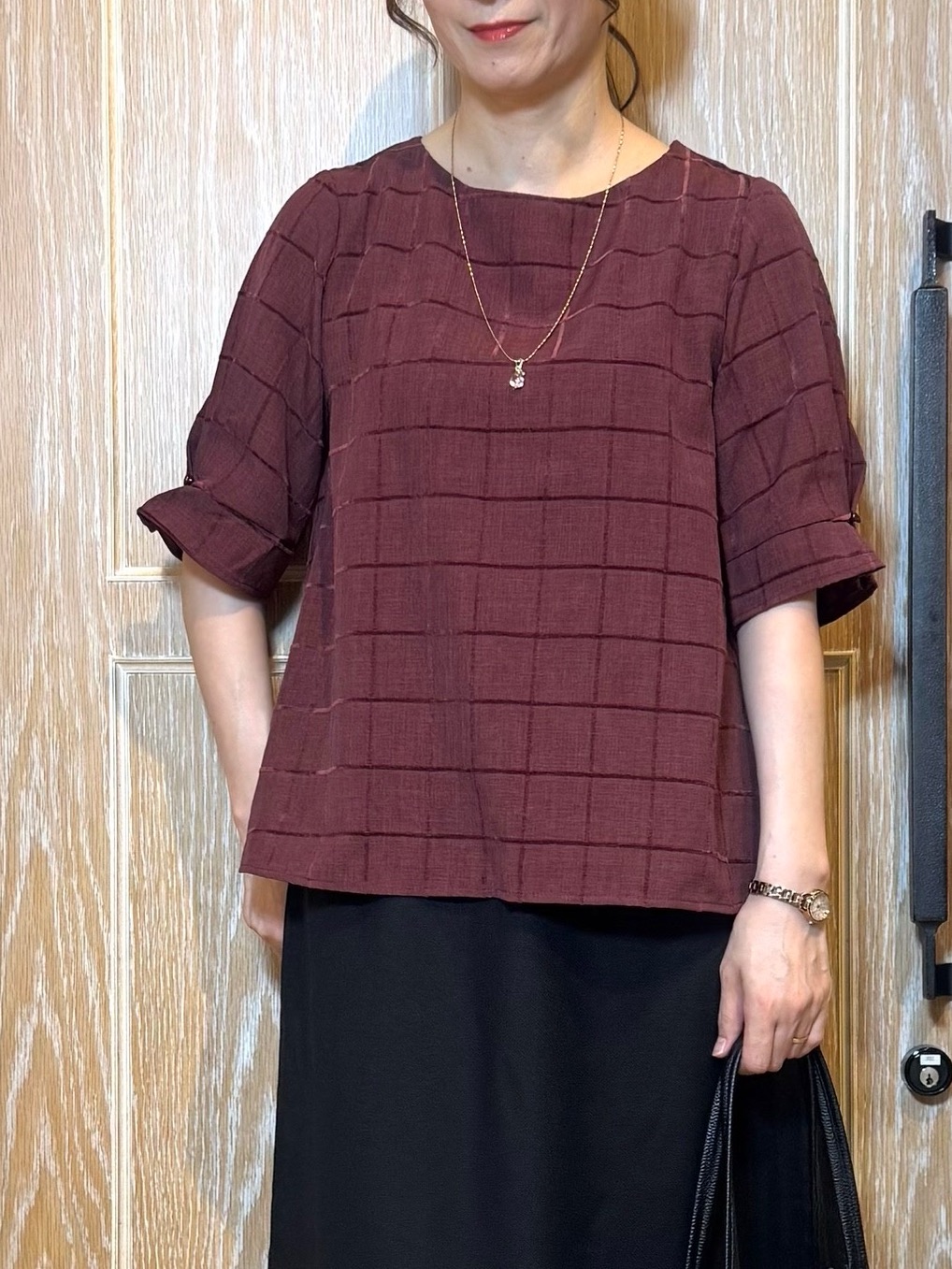 KAORIさんの「SHOO･LA･RUE｜【セットアップ可/S-LL】1枚で秋気分 モールチェックタックスリーブ ブラウス」を使ったコーディネート