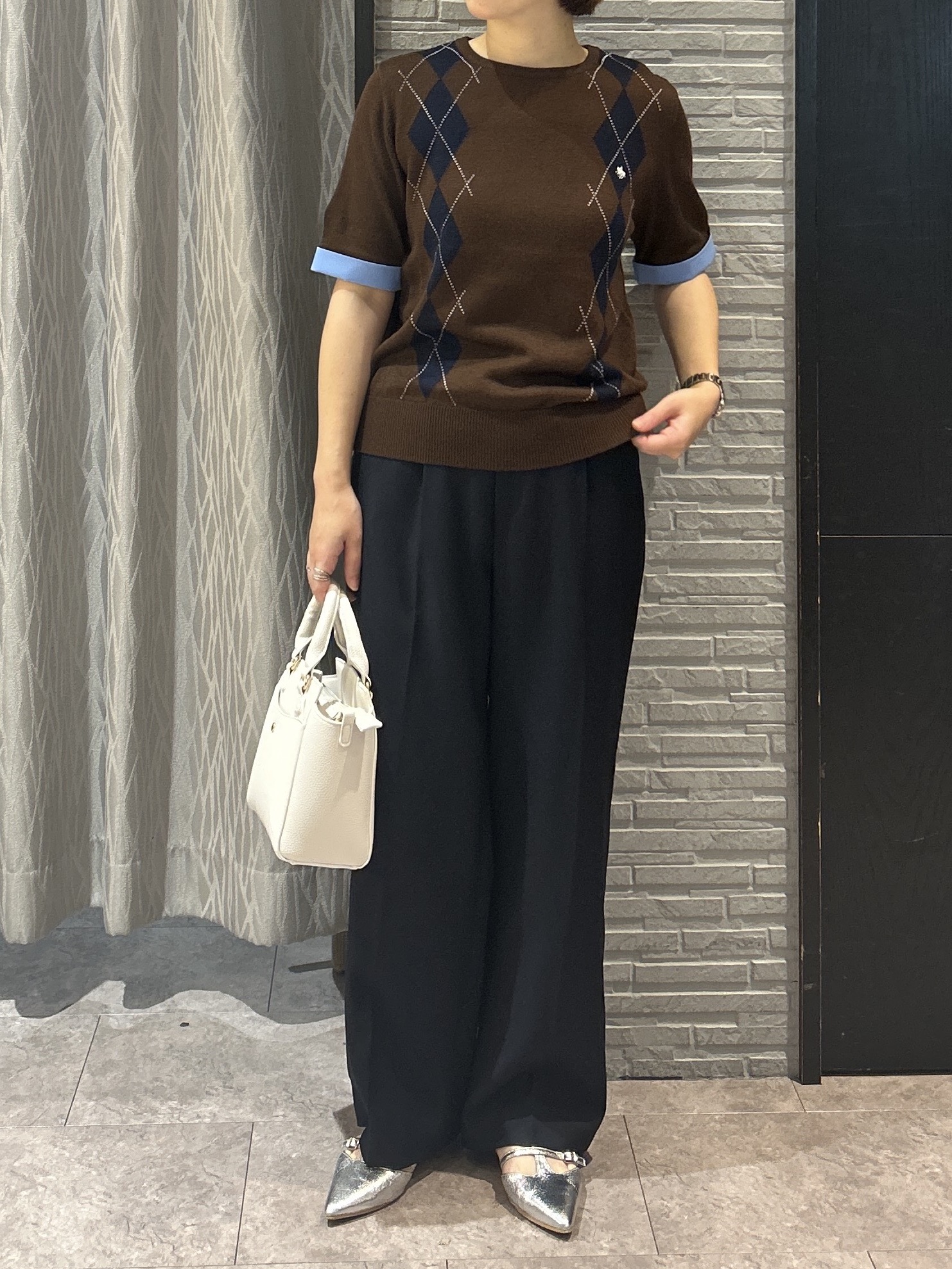 ga_riさんの「THE SHOP TK｜POLO BCS/アーガイル5分袖ニット」を使ったコーディネート