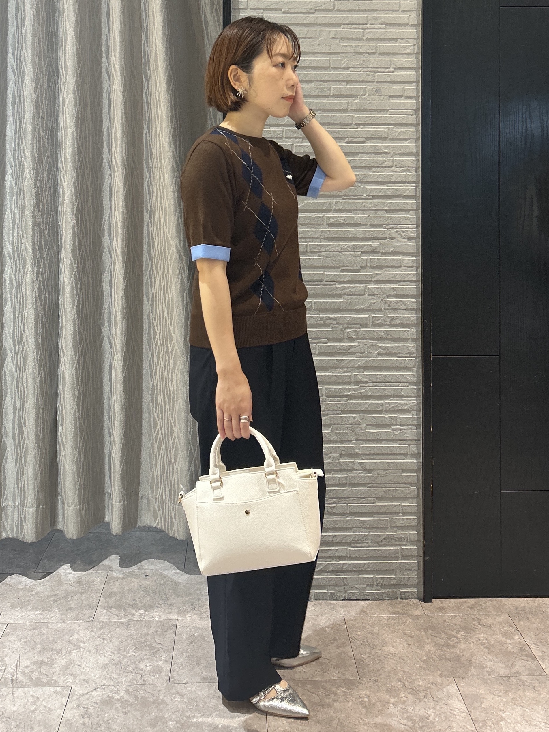 ga_riさんの「THE SHOP TK｜POLO BCS/アーガイル5分袖ニット」を使ったコーディネート