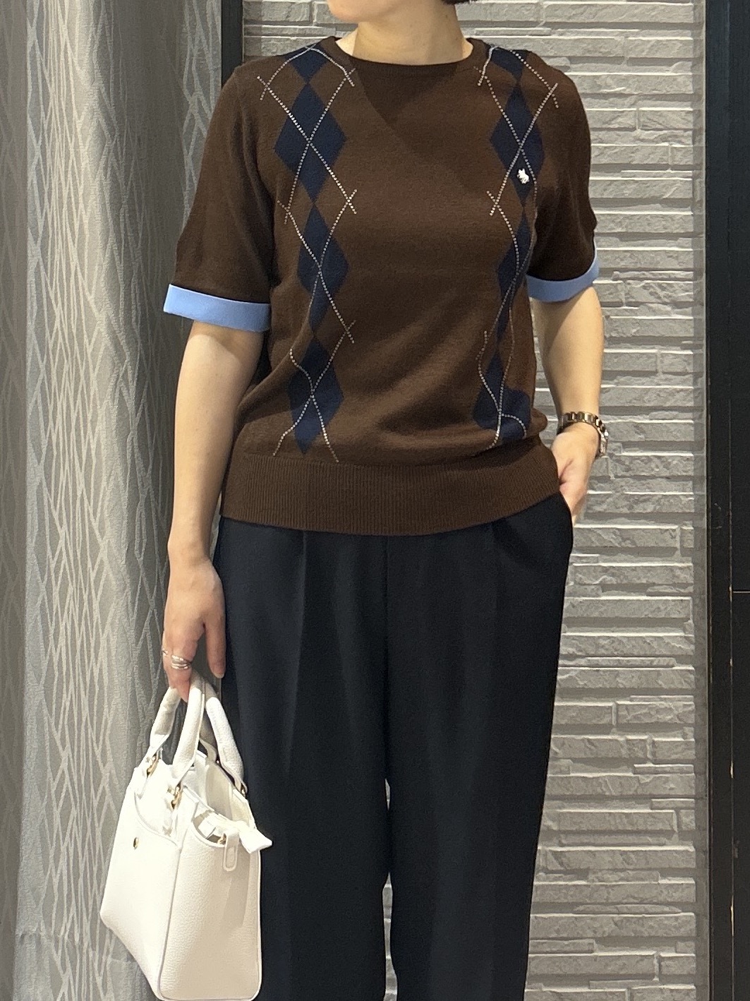 ga_riさんの「THE SHOP TK｜POLO BCS/アーガイル5分袖ニット」を使ったコーディネート