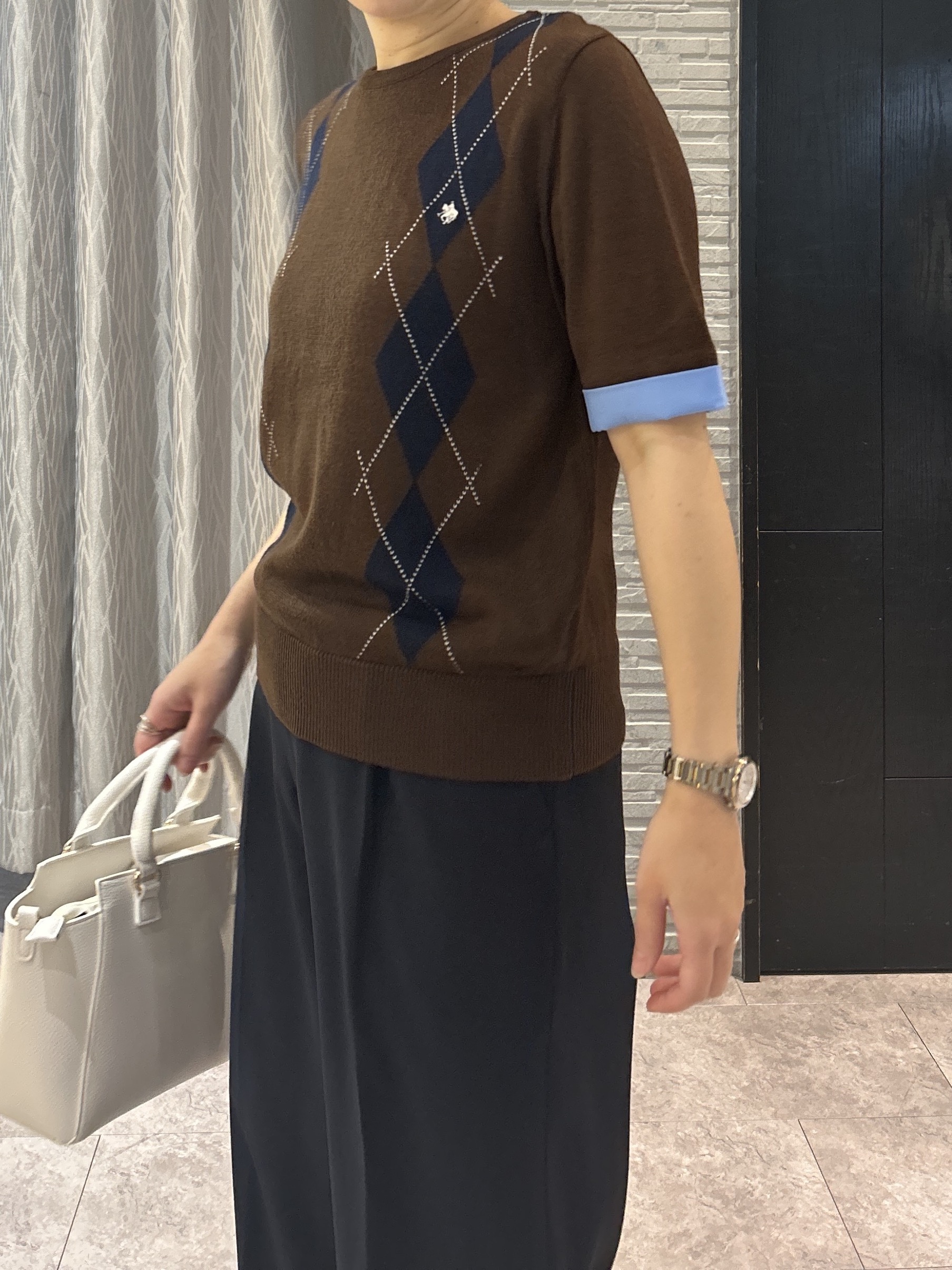 ga_riさんの「THE SHOP TK｜POLO BCS/アーガイル5分袖ニット」を使ったコーディネート