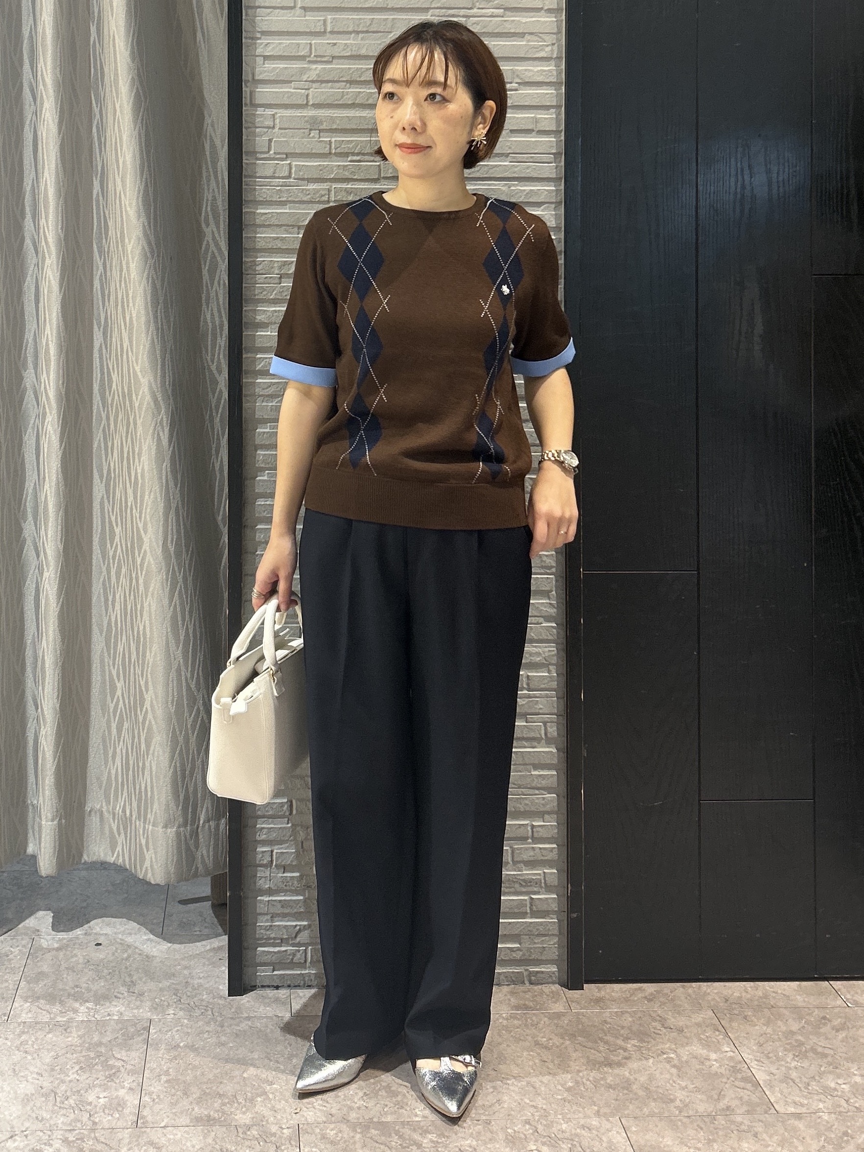 ga_riさんの「THE SHOP TK｜POLO BCS/アーガイル5分袖ニット」を使ったコーディネート
