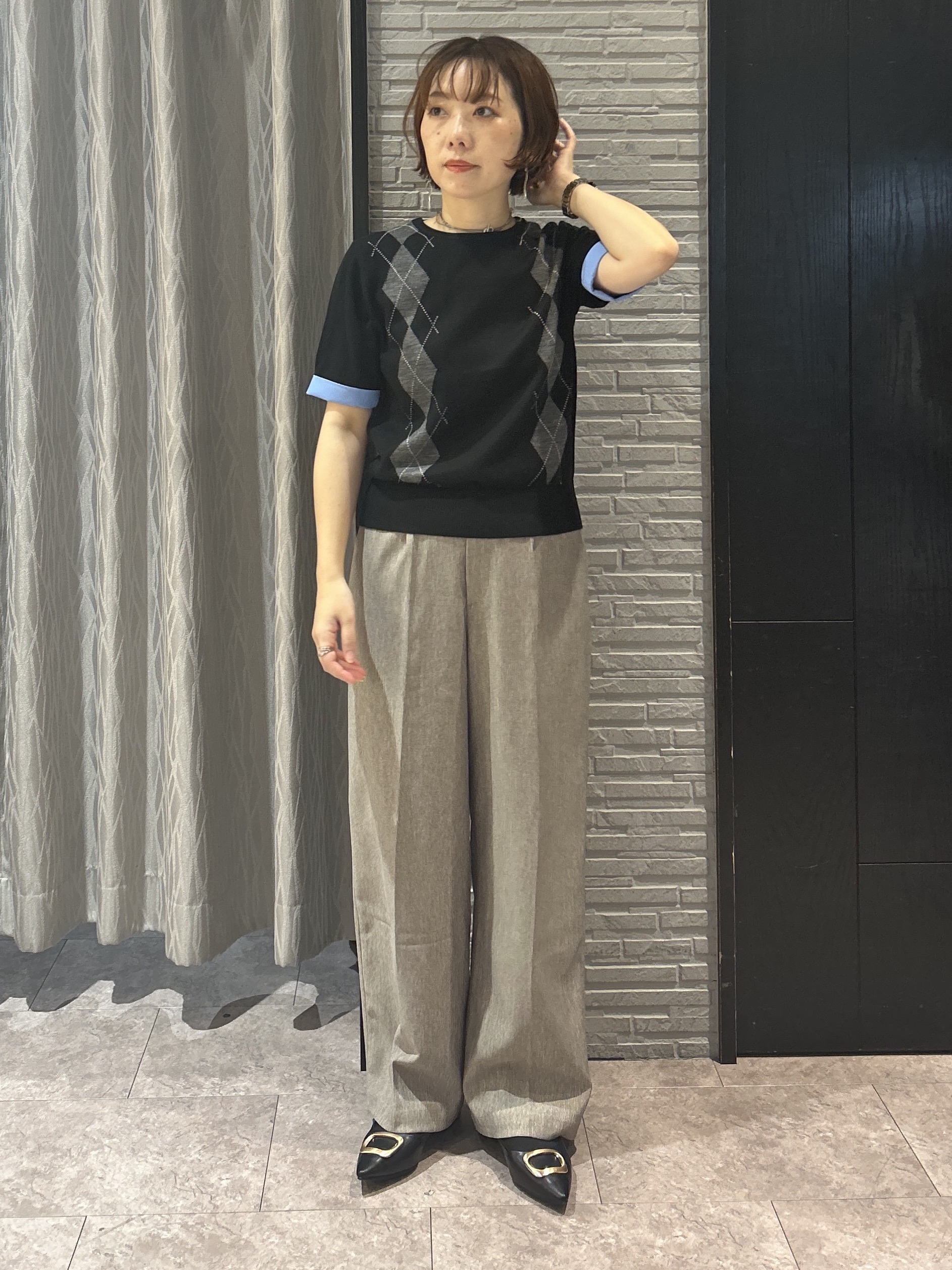 ga_riさんの「THE SHOP TK｜POLO BCS/アーガイル5分袖ニット」を使ったコーディネート