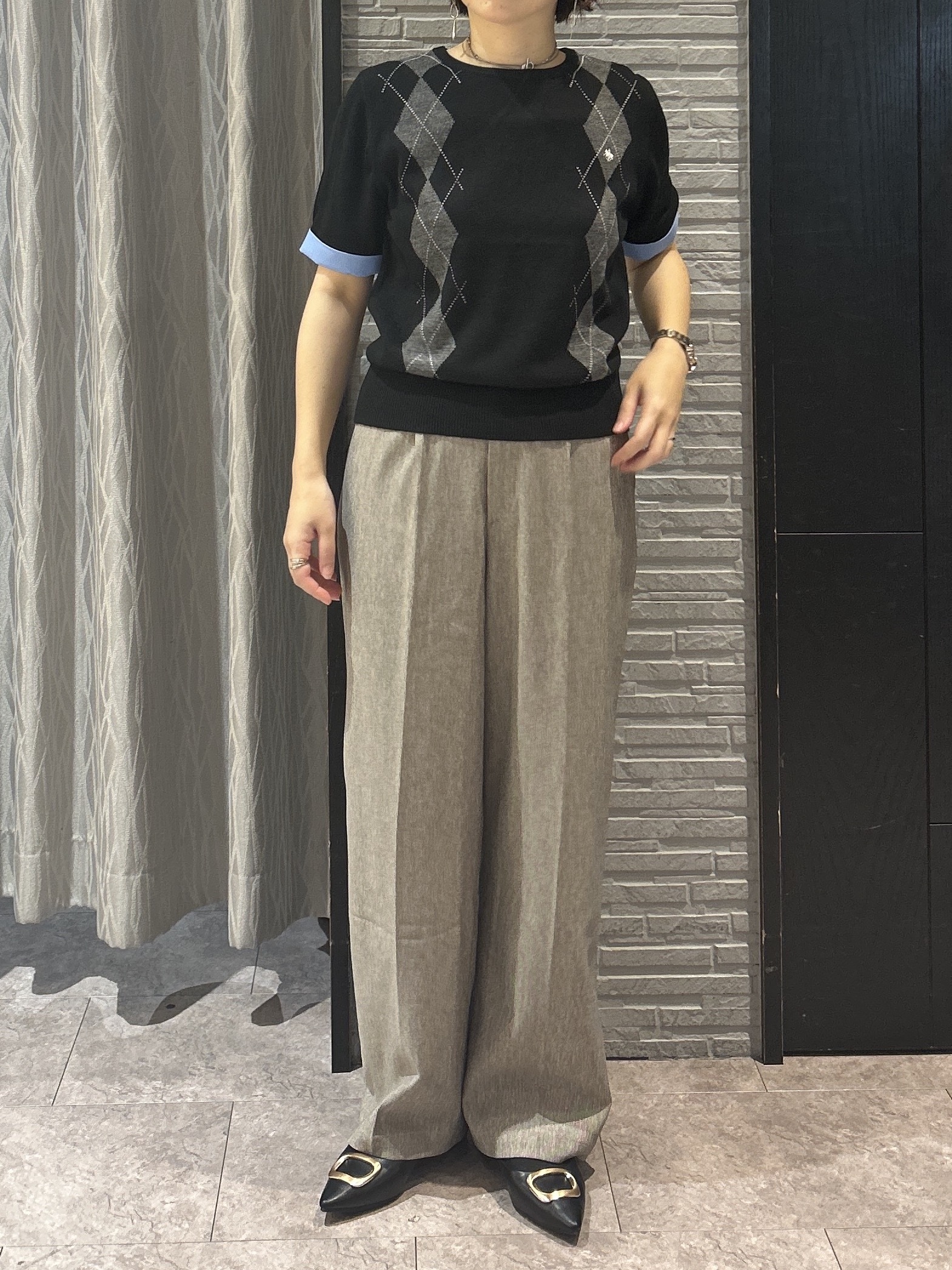 ga_riさんの「THE SHOP TK｜POLO BCS/アーガイル5分袖ニット」を使ったコーディネート
