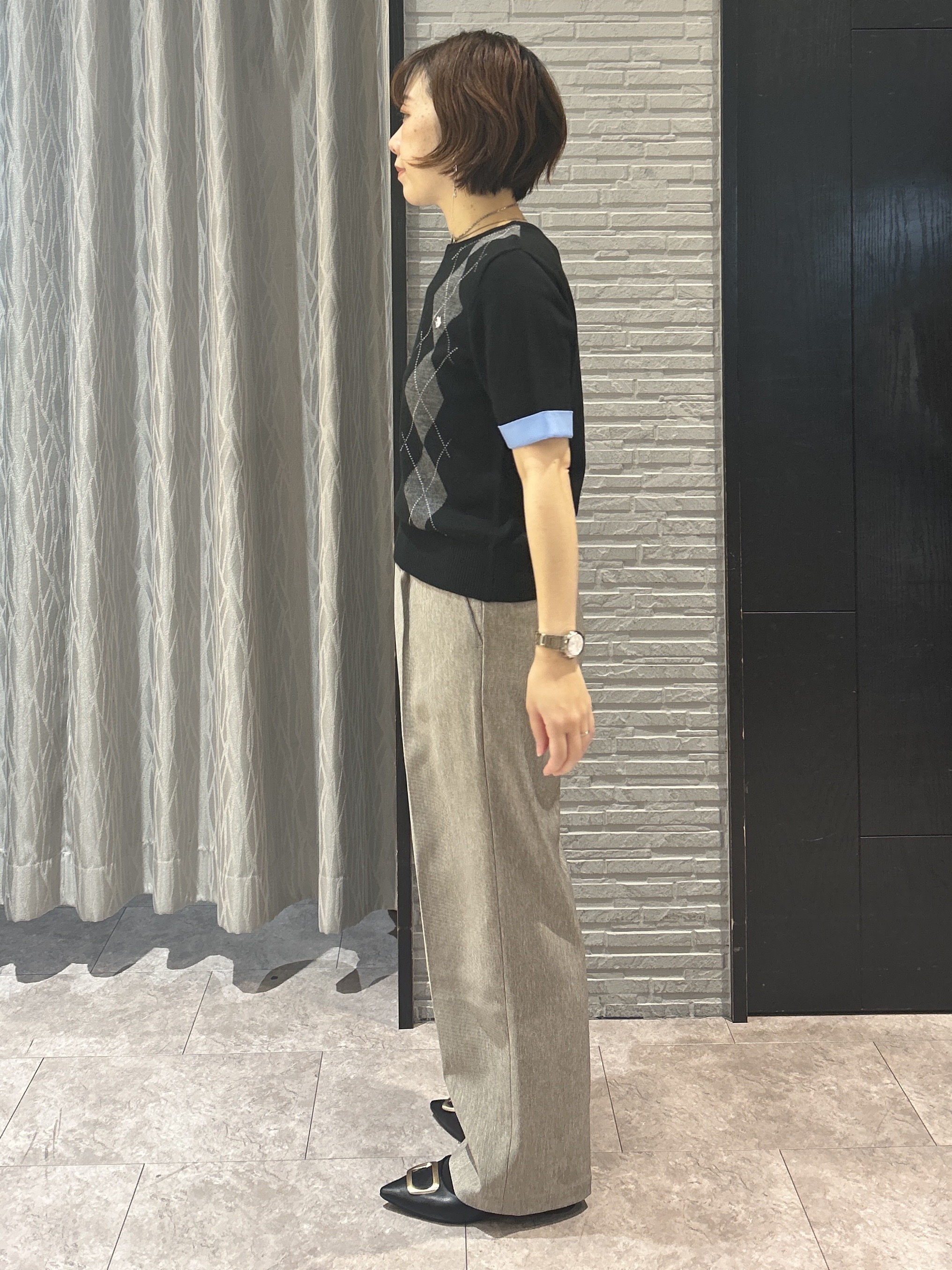 ga_riさんの「THE SHOP TK｜POLO BCS/アーガイル5分袖ニット」を使ったコーディネート