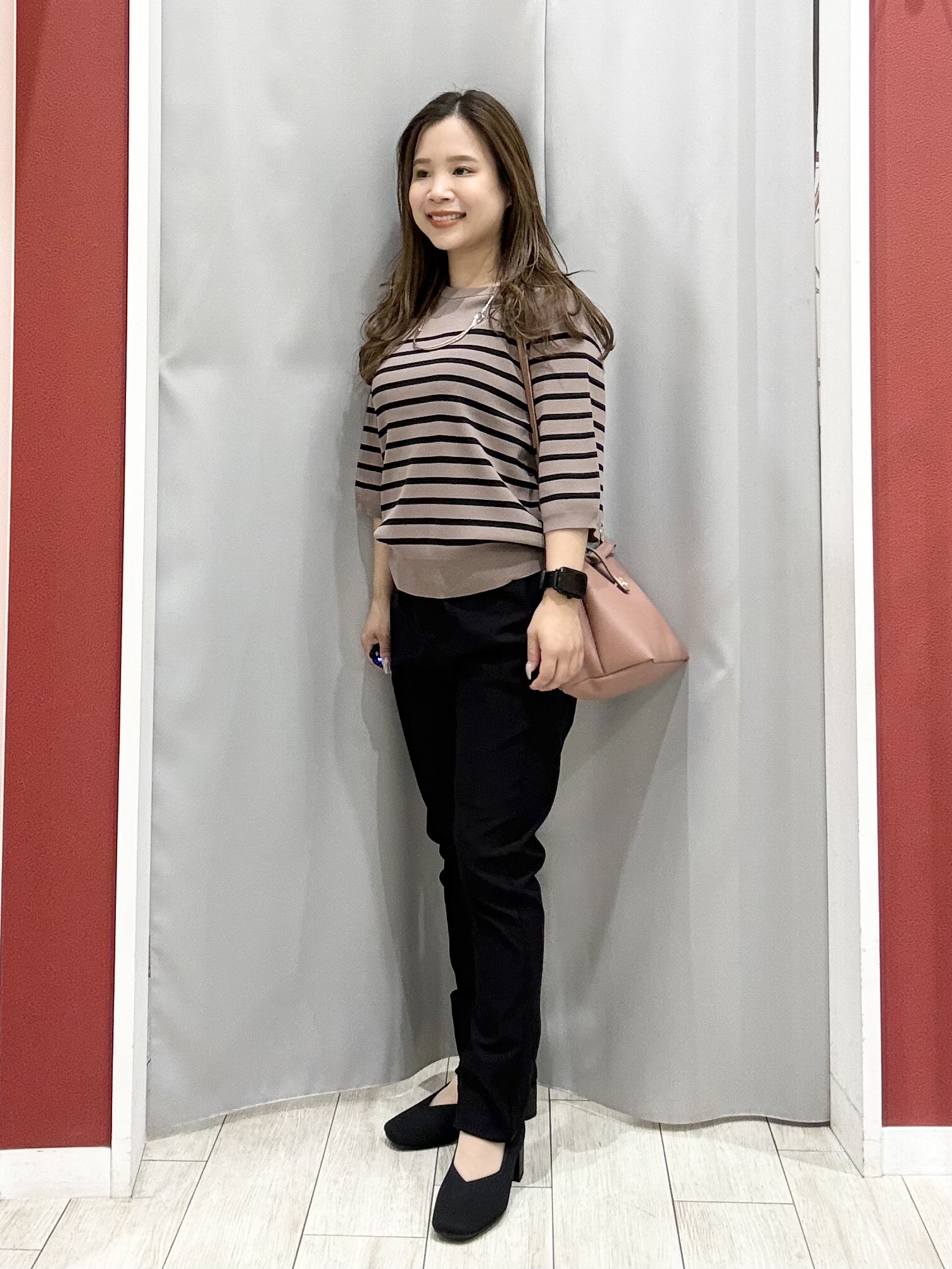 shioさんの「SHOO･LA･RUE｜【ガンガン洗える/毛玉になりにくい】二の腕見せない 5分袖ニット」を使ったコーディネート