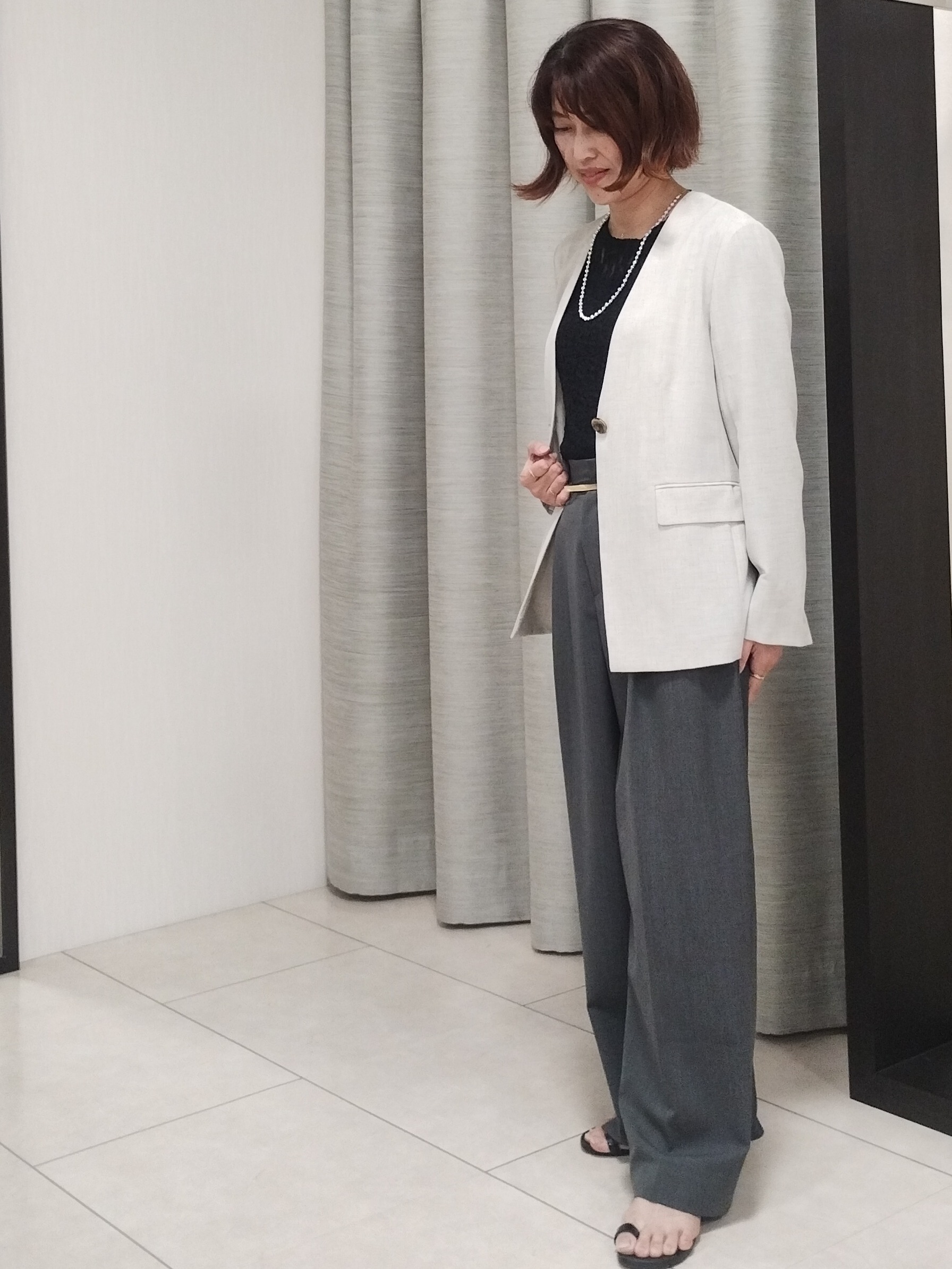 u&minus;macoさんの「UNTITLED｜◆【さらりと快適/セットアップ可/UV/接触冷感】スラブカラーレスジャケット」を使ったコーディネート