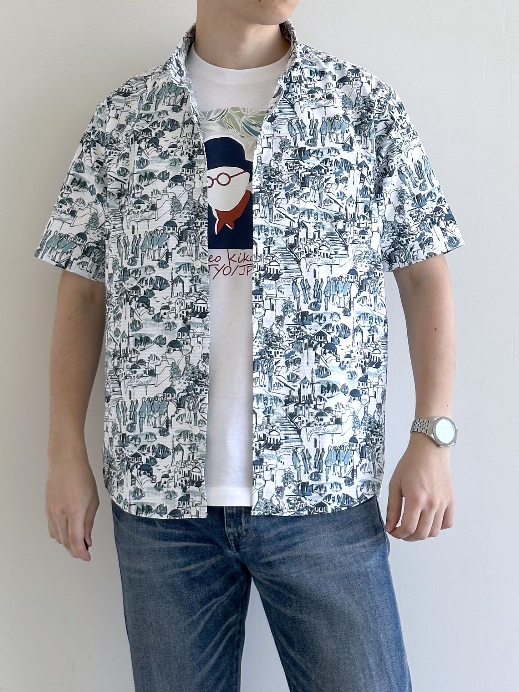 イッシーさんの「TAKEO KIKUCHI｜【日本製】DotAir（R）リゾートプリント半袖シャツ」を使ったコーディネート