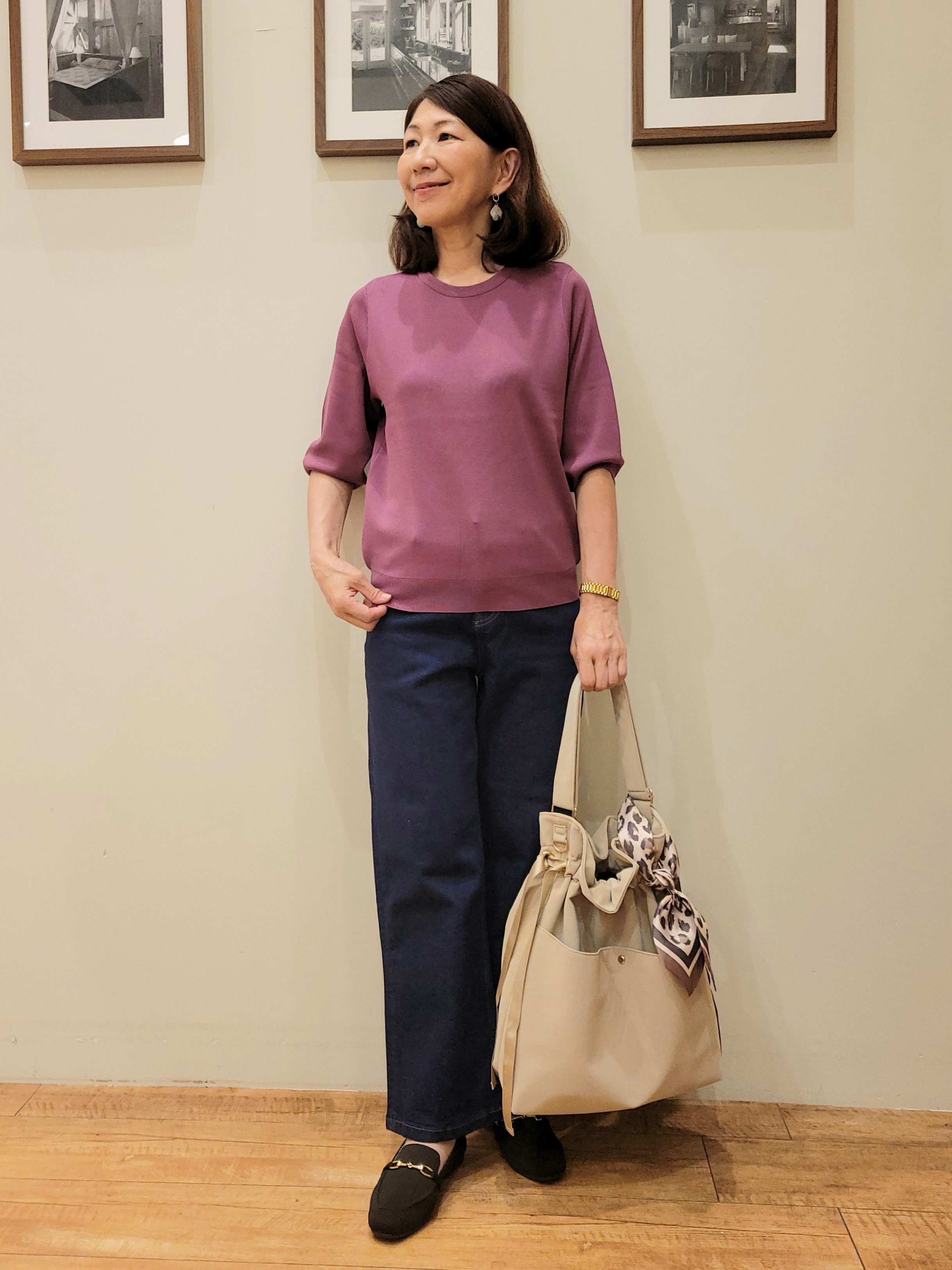 ユウさんの「SHOO･LA･RUE｜【ガンガン洗える/UV/毛玉になりにくい】二の腕見せない 5分袖ニット」を使ったコーディネート