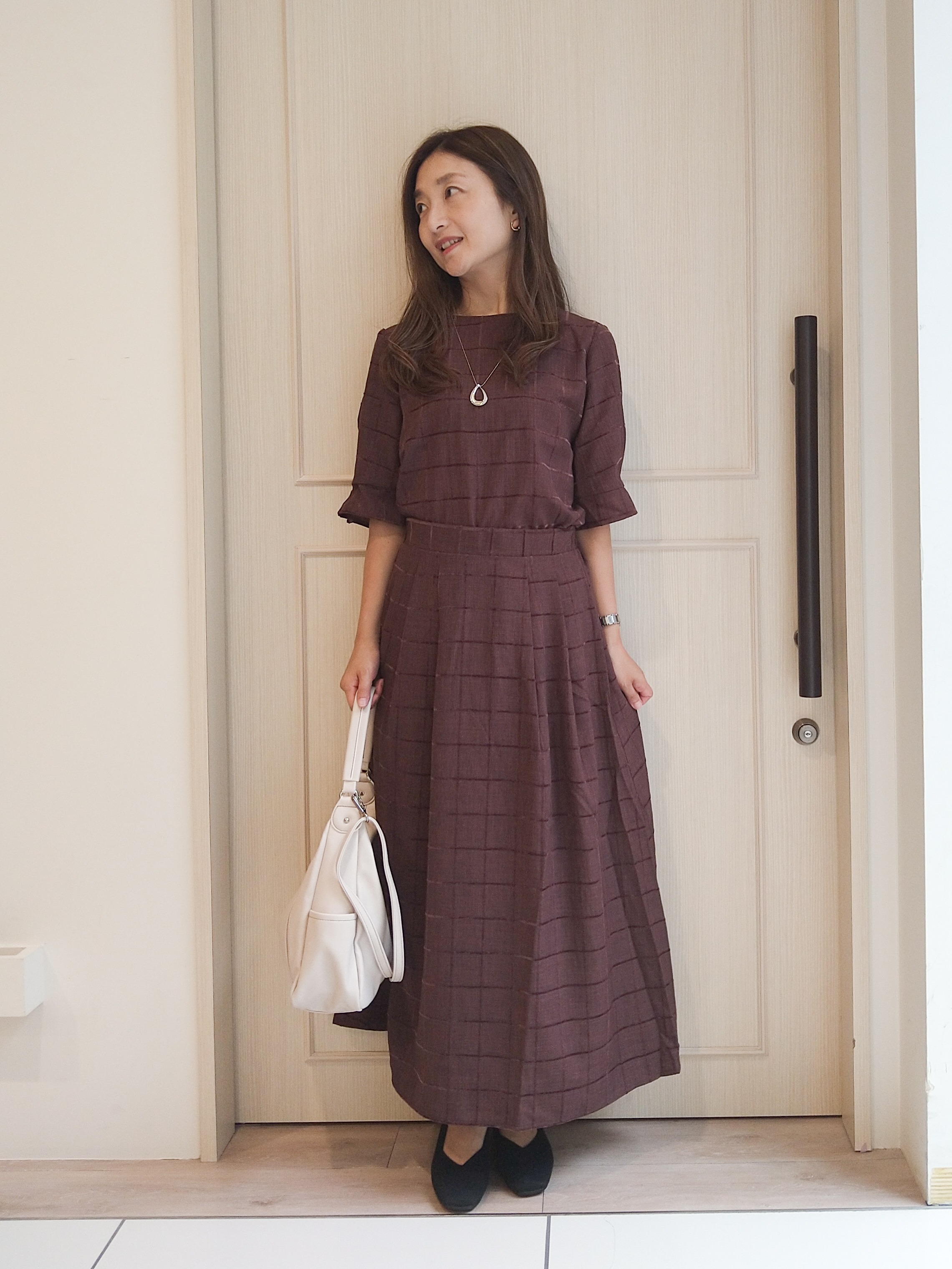 mi-saさんの「SHOO･LA･RUE｜【セットアップ可/S-LL】1枚で秋気分 モールチェックタックスリーブ ブラウス」を使ったコーディネート
