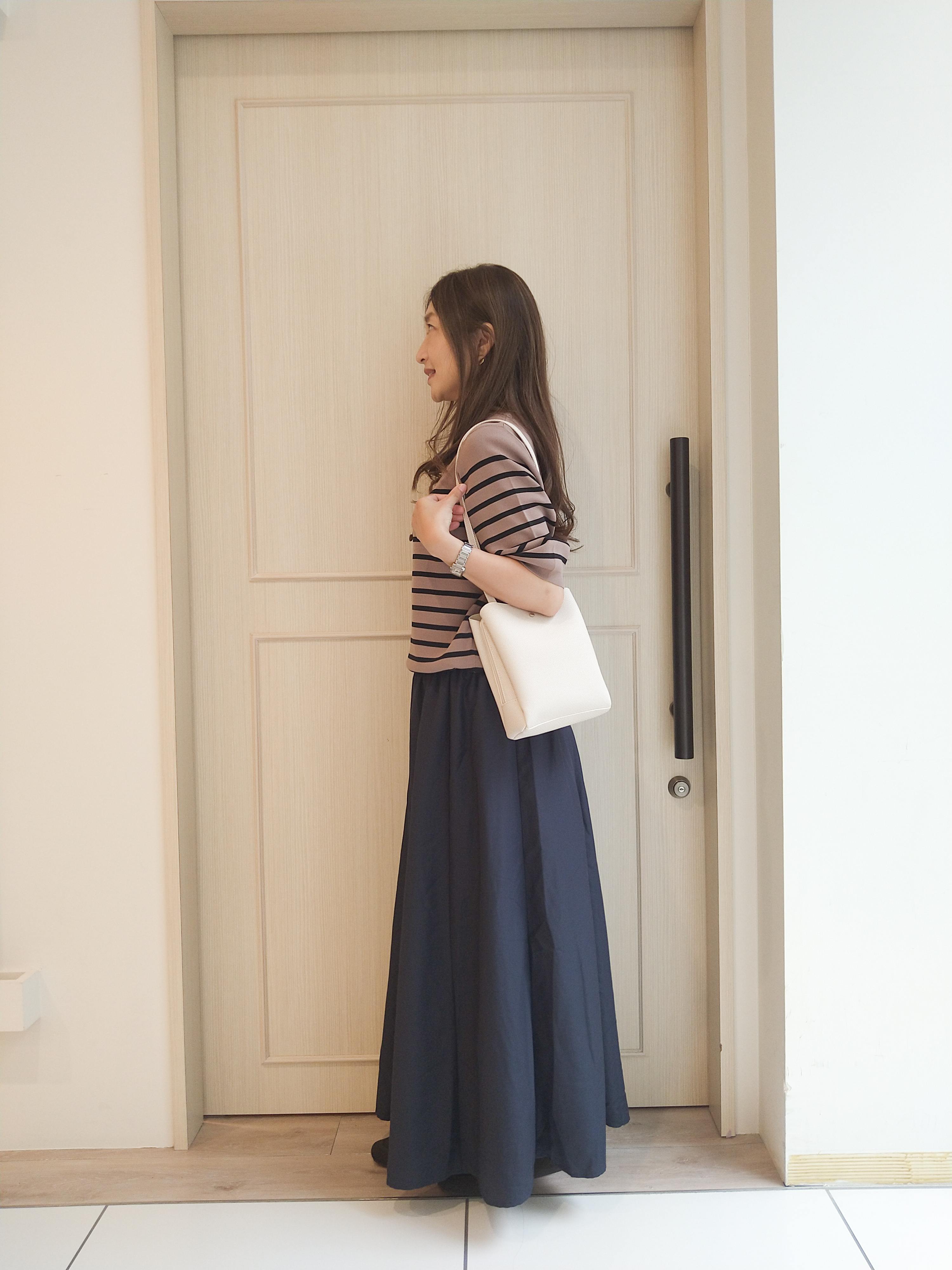 mi-saさんの「SHOO･LA･RUE｜【ガンガン洗える/毛玉になりにくい】二の腕見せない 5分袖ニット」を使ったコーディネート
