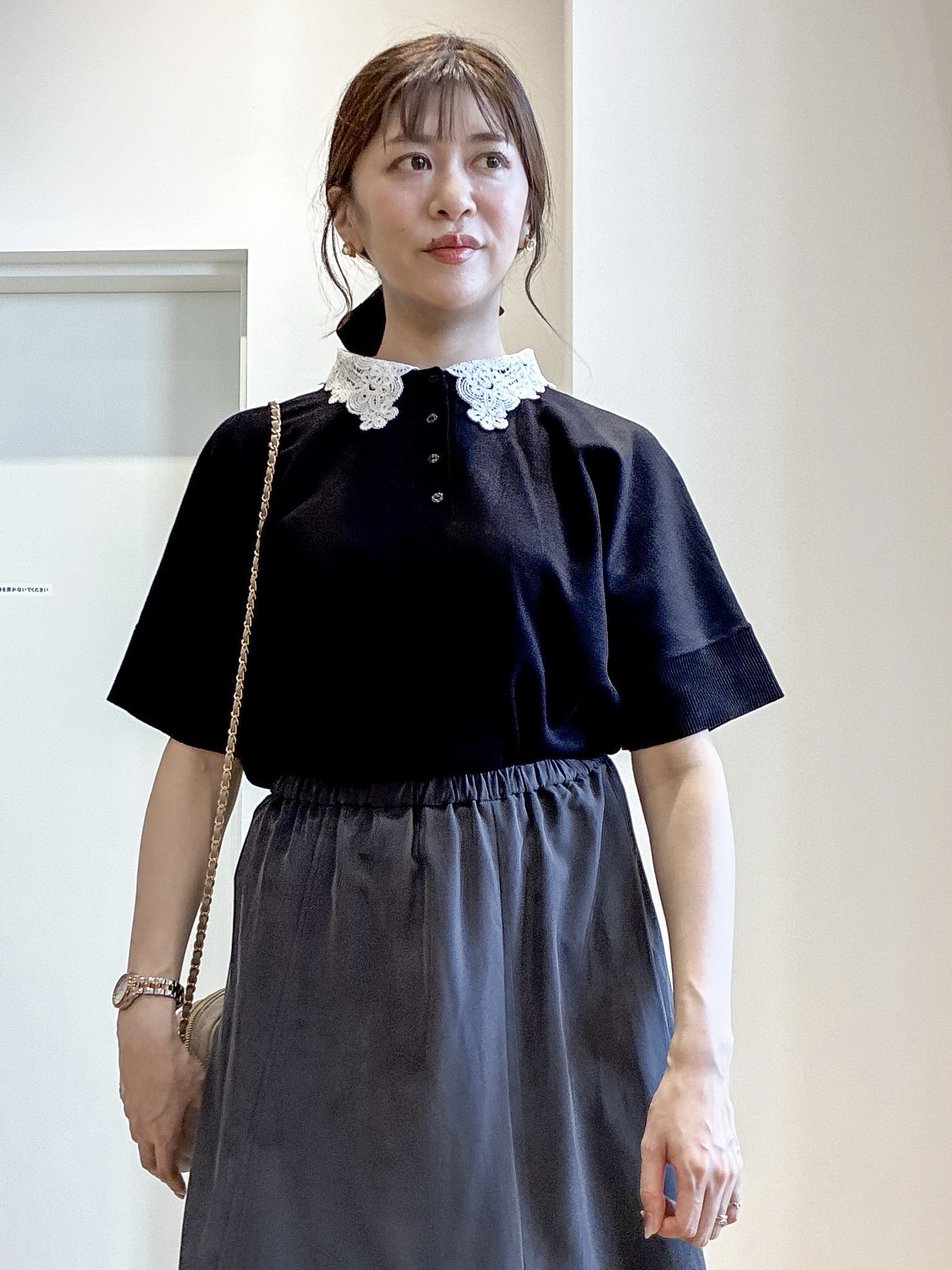 もんちゃんさんの「OPAQUE.CLIP｜【森絵梨佳さん着用】2WAY衿ドッキングニット《洗濯機OK》」を使ったコーディネート