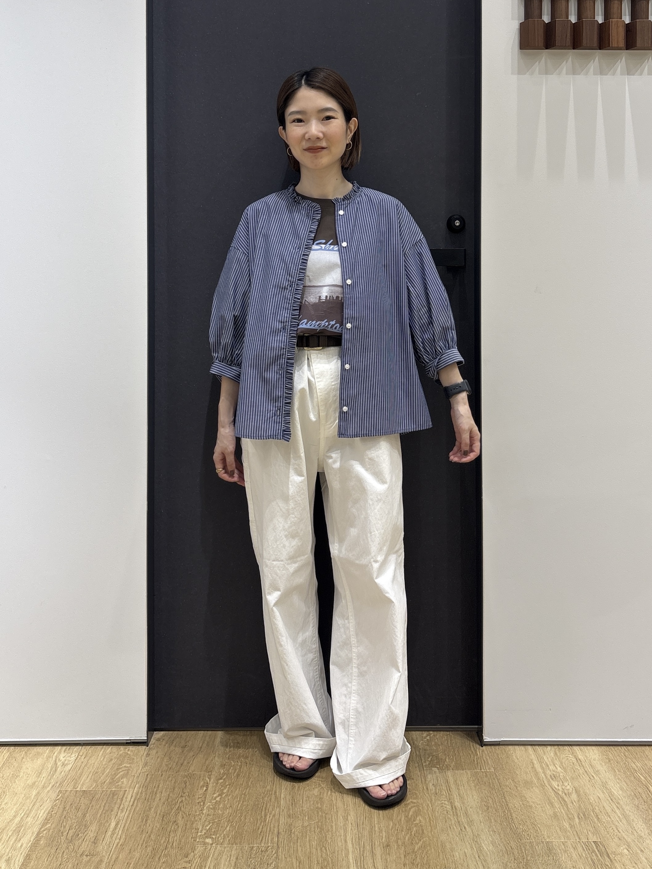 risaさんの「Dessin｜【高レビュー/シワになりにくい/洗濯機OK】ストライプフリルブラウス6分袖」を使ったコーディネート