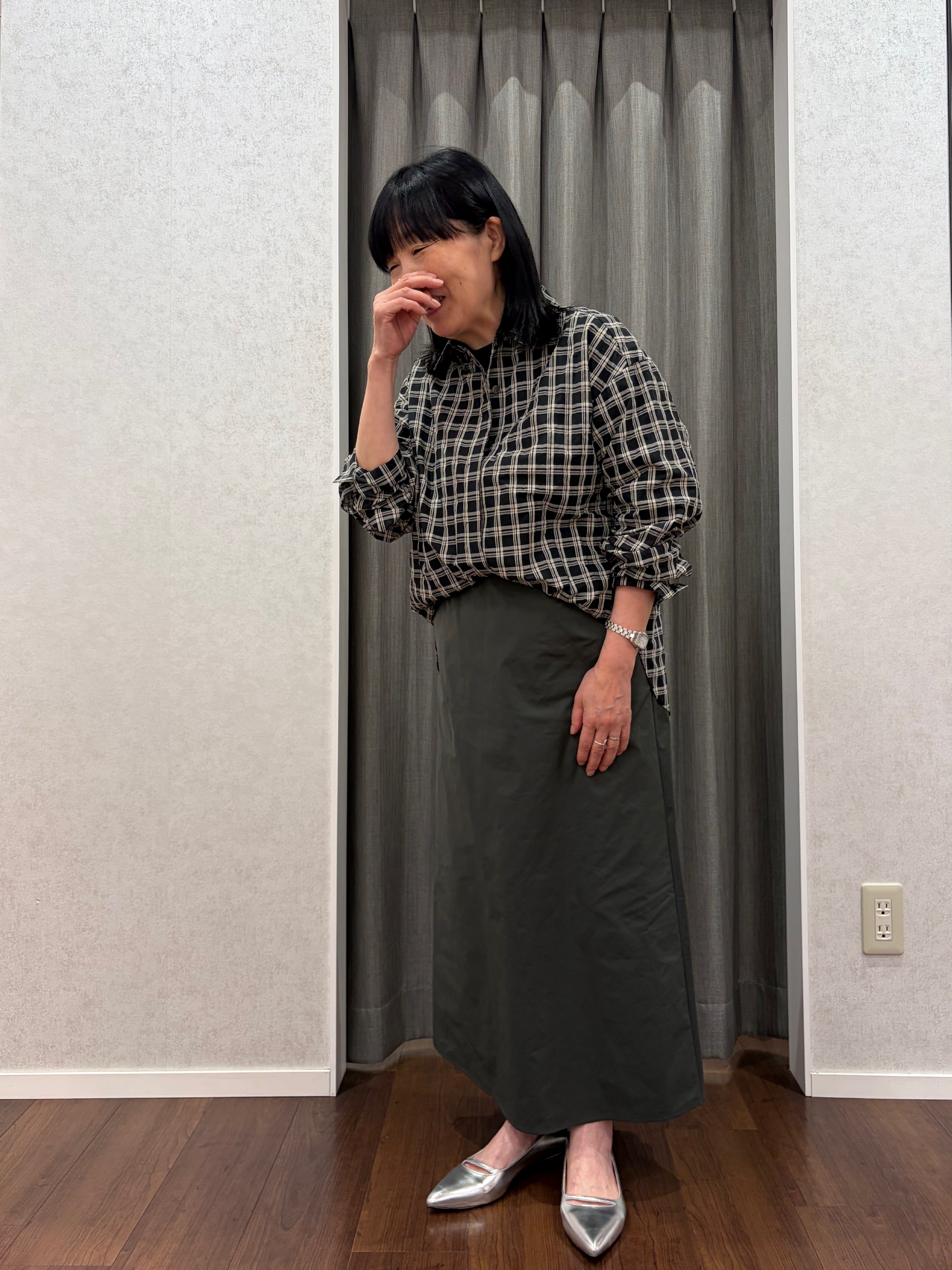 あーるさんの「UNTITLED｜【秋映え/羽織り】シアーチェックシャツブラウス」を使ったコーディネート