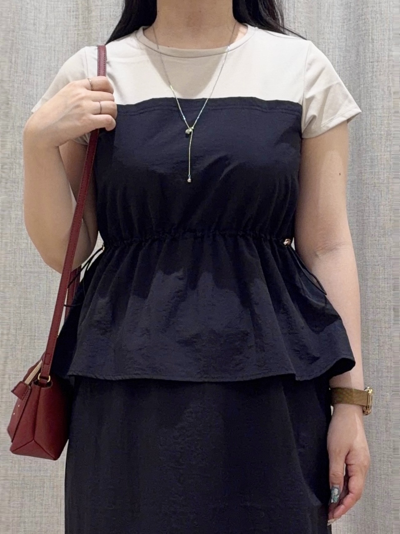 minamiさんの「grove｜【低身長さんも選べる着丈・洗濯機◎】1枚で旬顔！Tシャツドッキングドロストワンピース」を使ったコーディネート