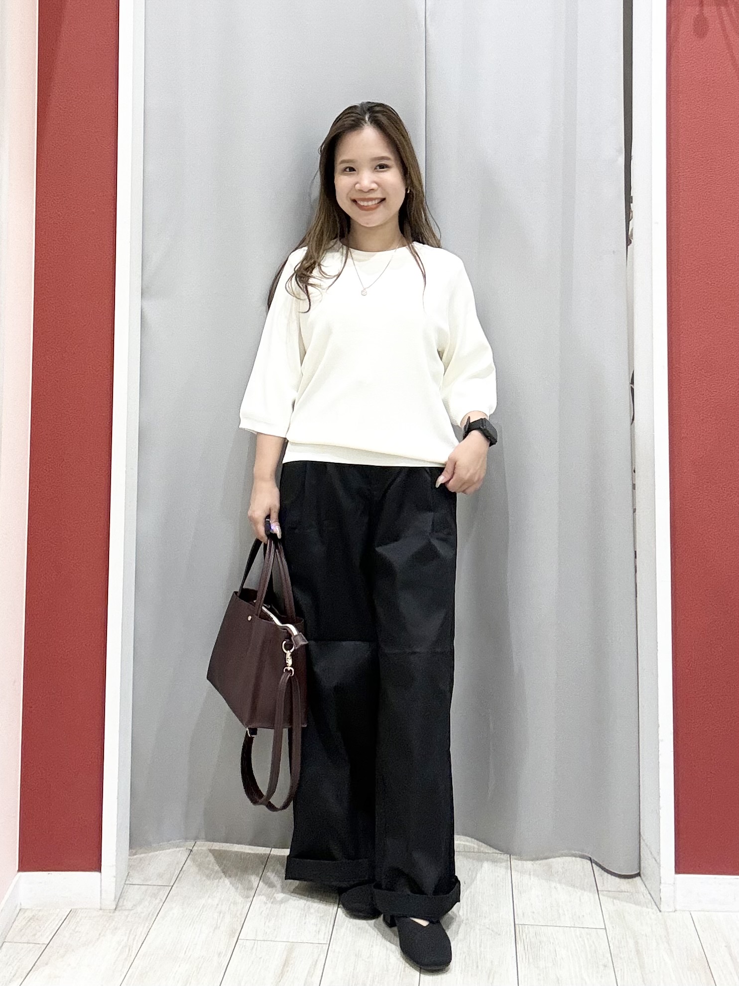 shioさんの「SHOO･LA･RUE｜【ガンガン洗える/ひんやり/UV/毛玉になりにくい】二の腕見せない 5分袖ニット」を使ったコーディネート