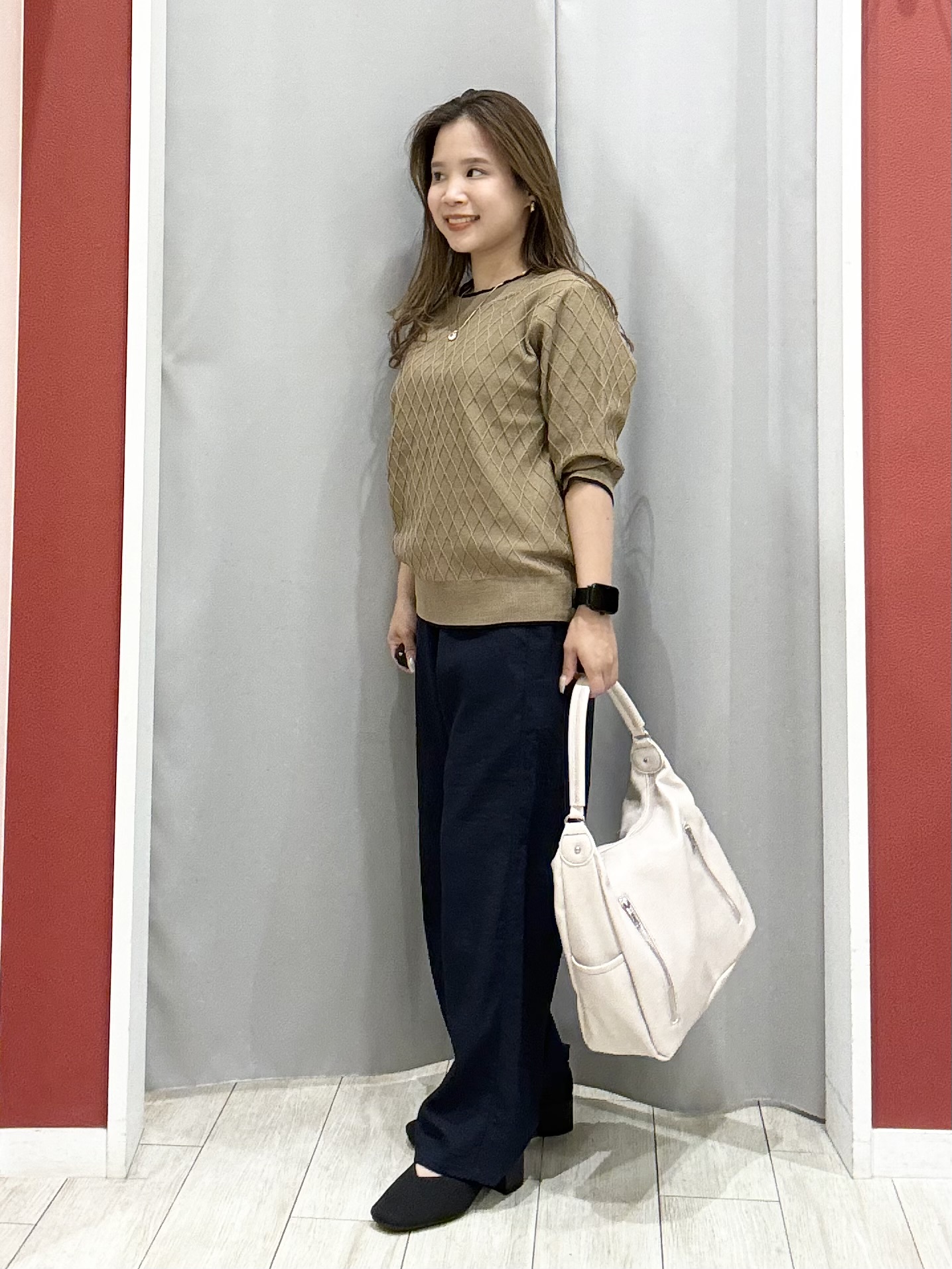 shioさんの「SHOO･LA･RUE｜【毛玉になりにくい/S-LL/洗濯機可】すっきり二の腕カバー ダイヤ柄5分袖配色ニット」を使ったコーディネート