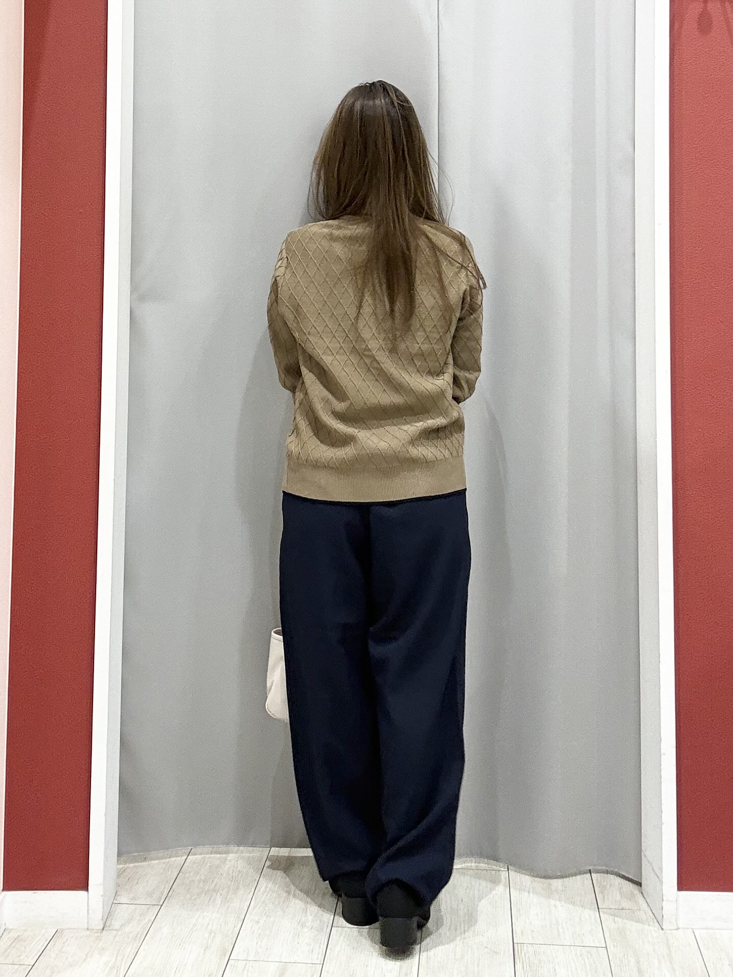 shioさんの「SHOO･LA･RUE｜【毛玉になりにくい/S-LL/洗濯機可】すっきり二の腕カバー ダイヤ柄5分袖配色ニット」を使ったコーディネート