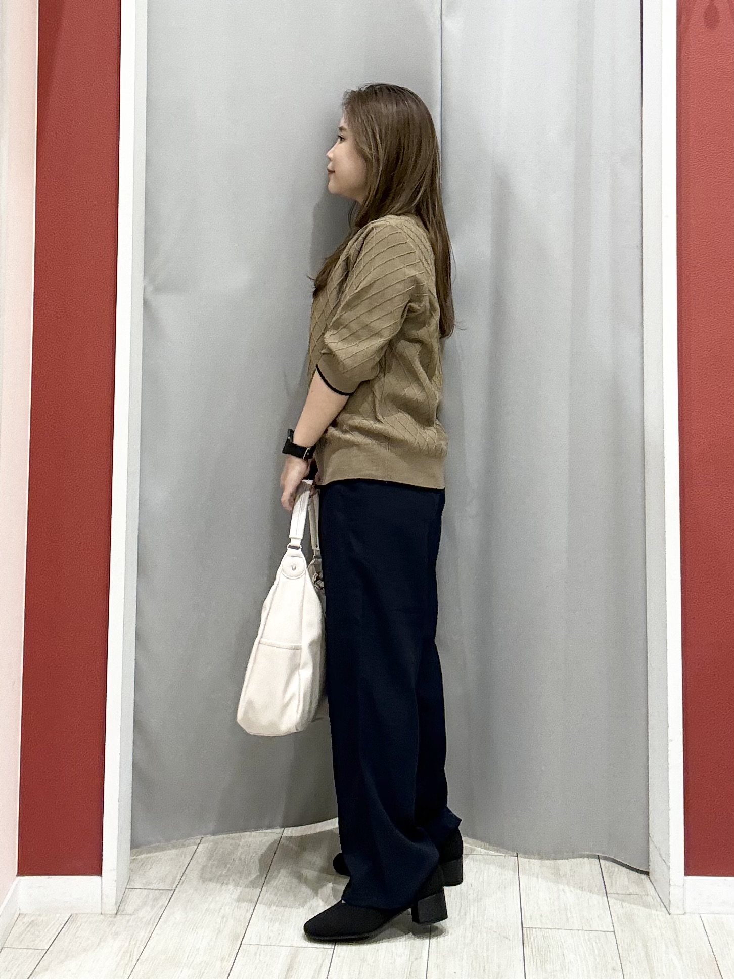 shioさんの「SHOO･LA･RUE｜【毛玉になりにくい/S-LL/洗濯機可】すっきり二の腕カバー ダイヤ柄5分袖配色ニット」を使ったコーディネート