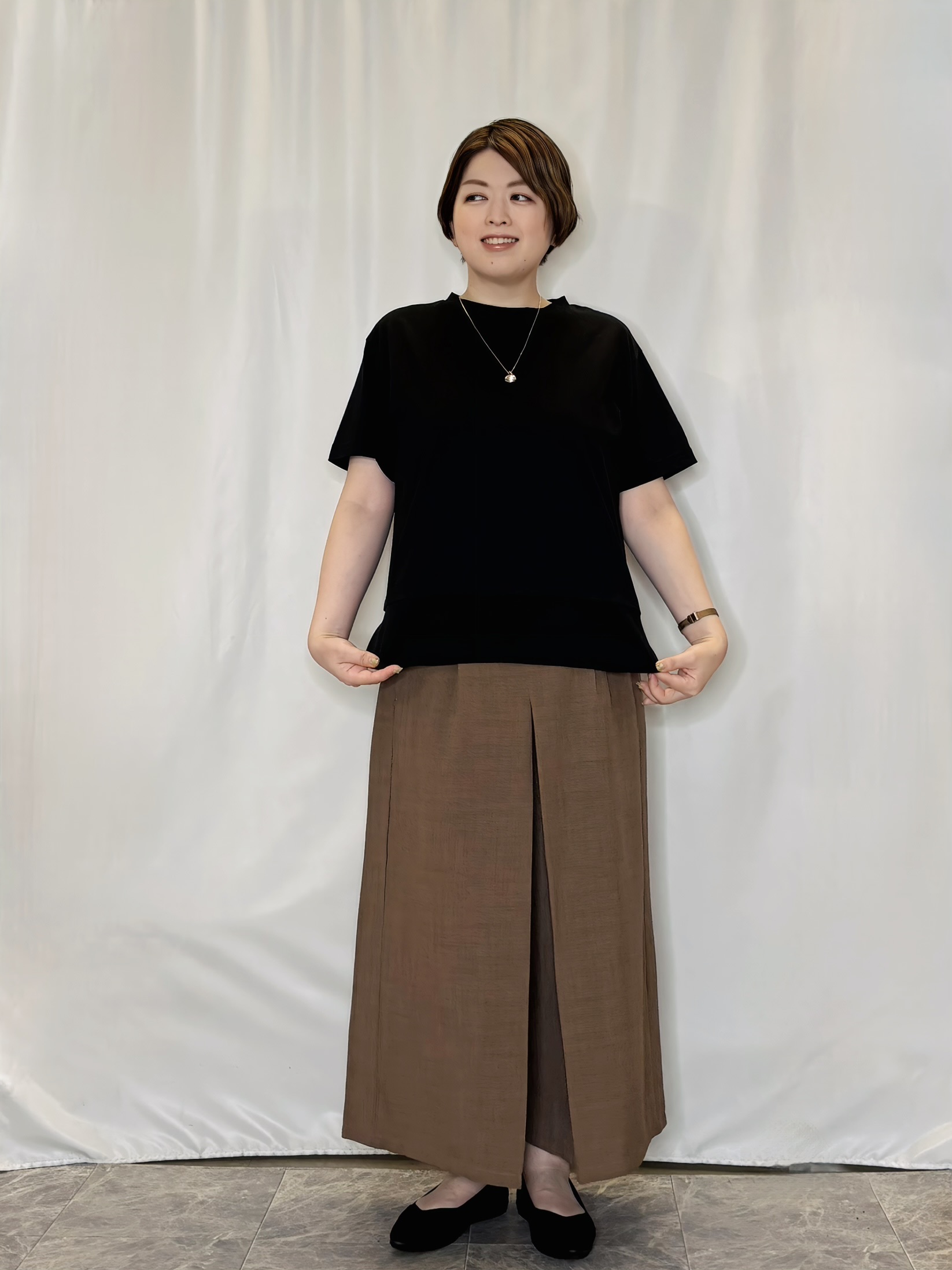 たみさんの「SHOO･LA･RUE｜【体型カバー/S-LL/洗濯機可】インせず着られる 異素材ドッキングTシャツ」を使ったコーディネート