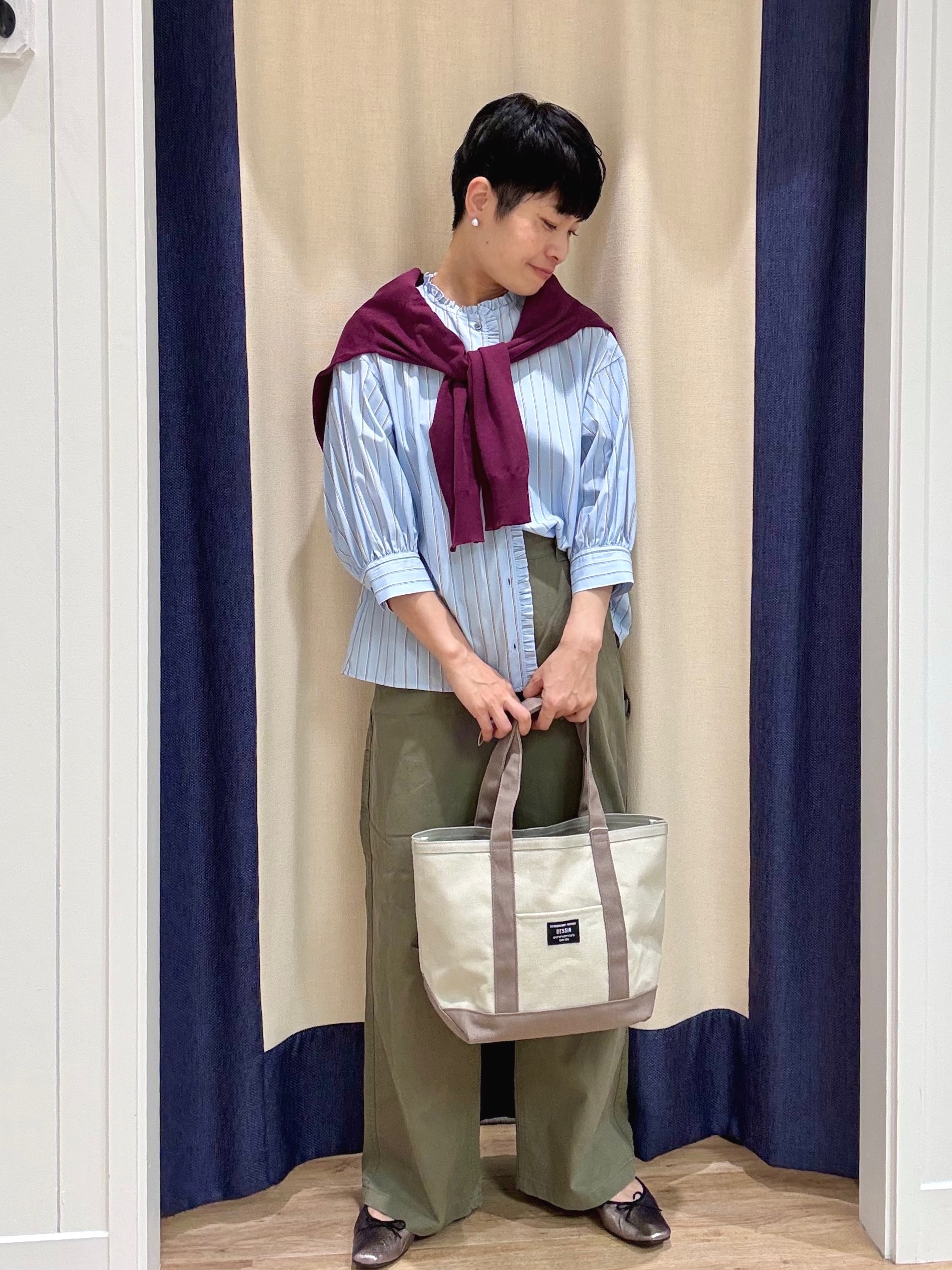 Suzuさんの「Dessin｜【高レビュー/シワになりにくい/洗濯機OK】ストライプフリルブラウス6分袖」を使ったコーディネート
