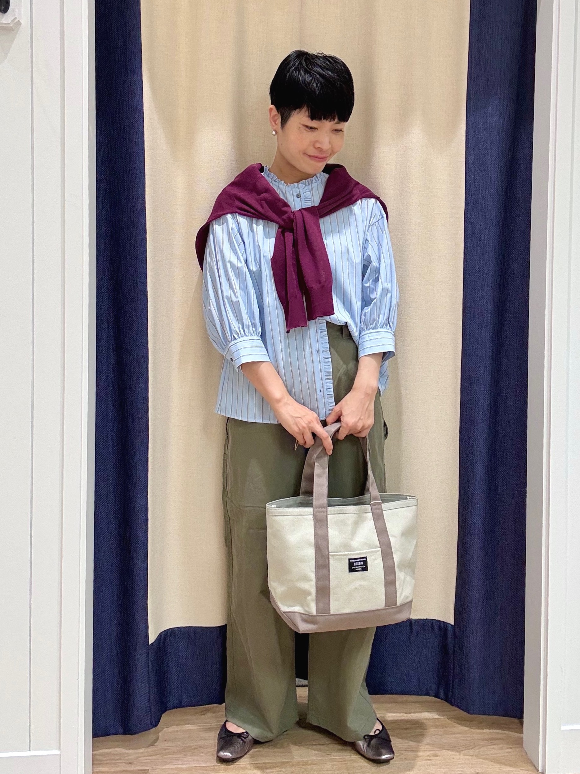 Suzuさんの「Dessin｜【高レビュー/シワになりにくい/洗濯機OK】ストライプフリルブラウス6分袖」を使ったコーディネート