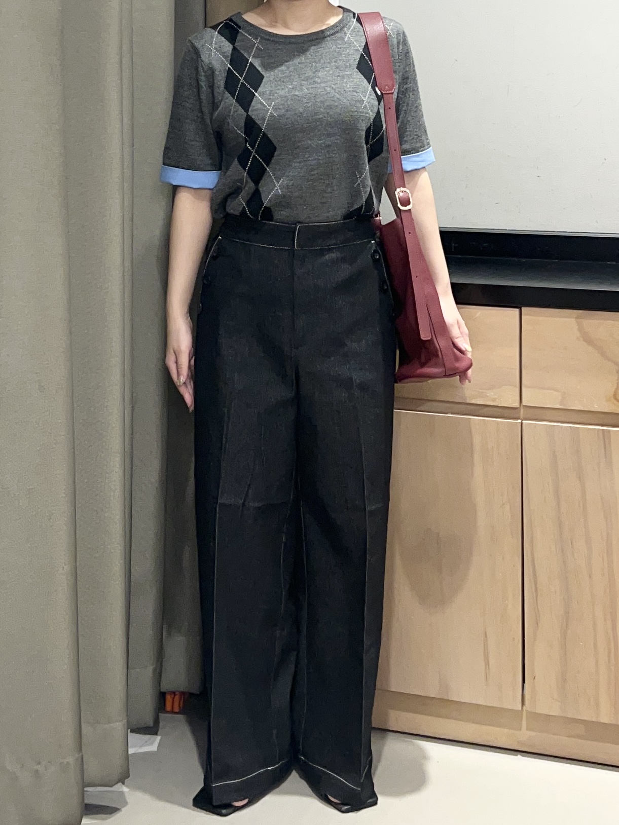 かのさんの「THE SHOP TK｜POLO BCS/アーガイル5分袖ニット」を使ったコーディネート