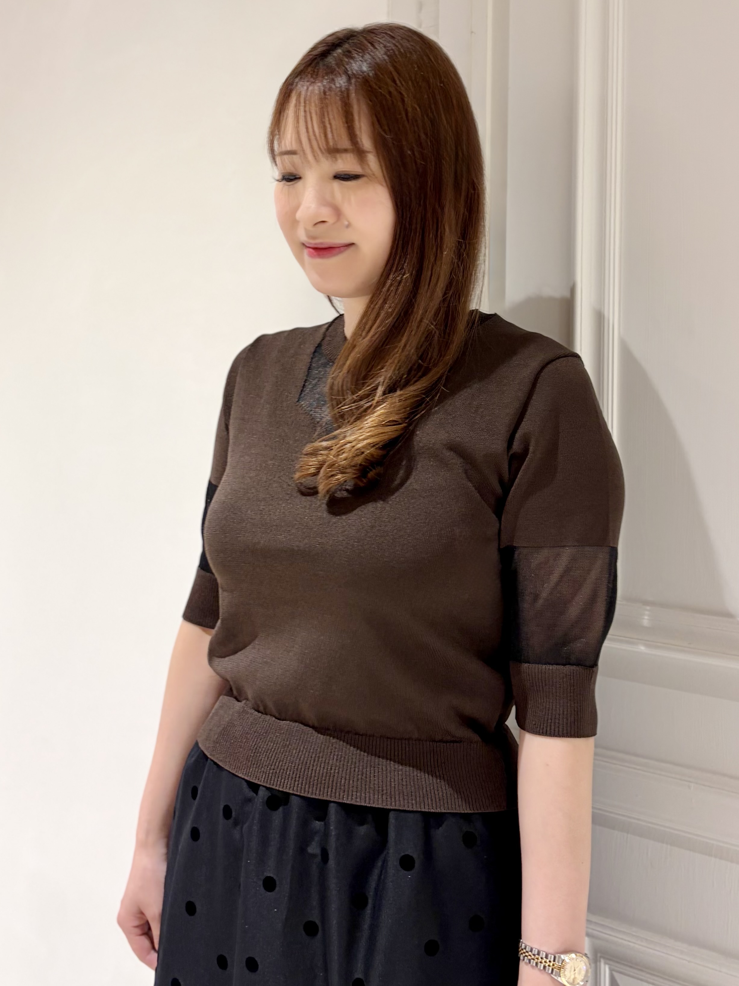 minowaさんの「DRESSTERIOR｜【日本製/シアー素材】ウォッシャブルニット ハーフスリーブプルオーバー」を使ったコーディネート