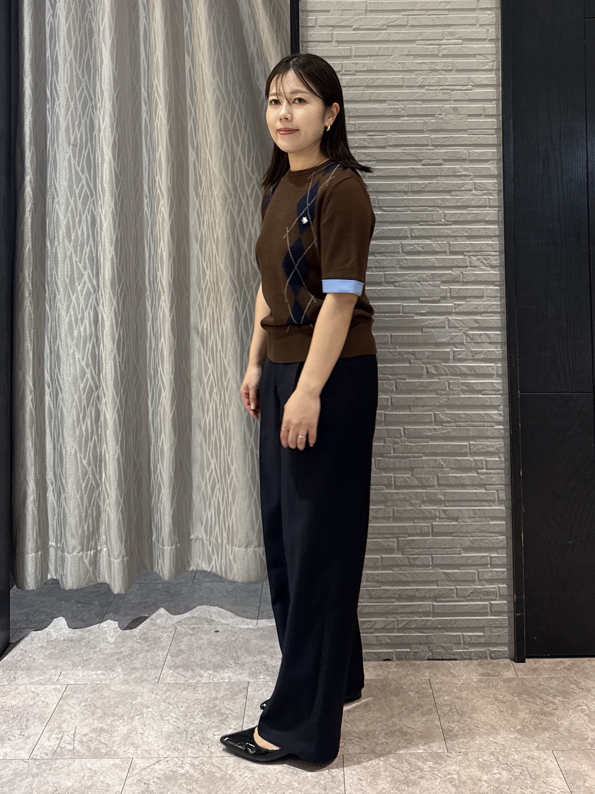 chさんの「THE SHOP TK｜POLO BCS/アーガイル5分袖ニット」を使ったコーディネート