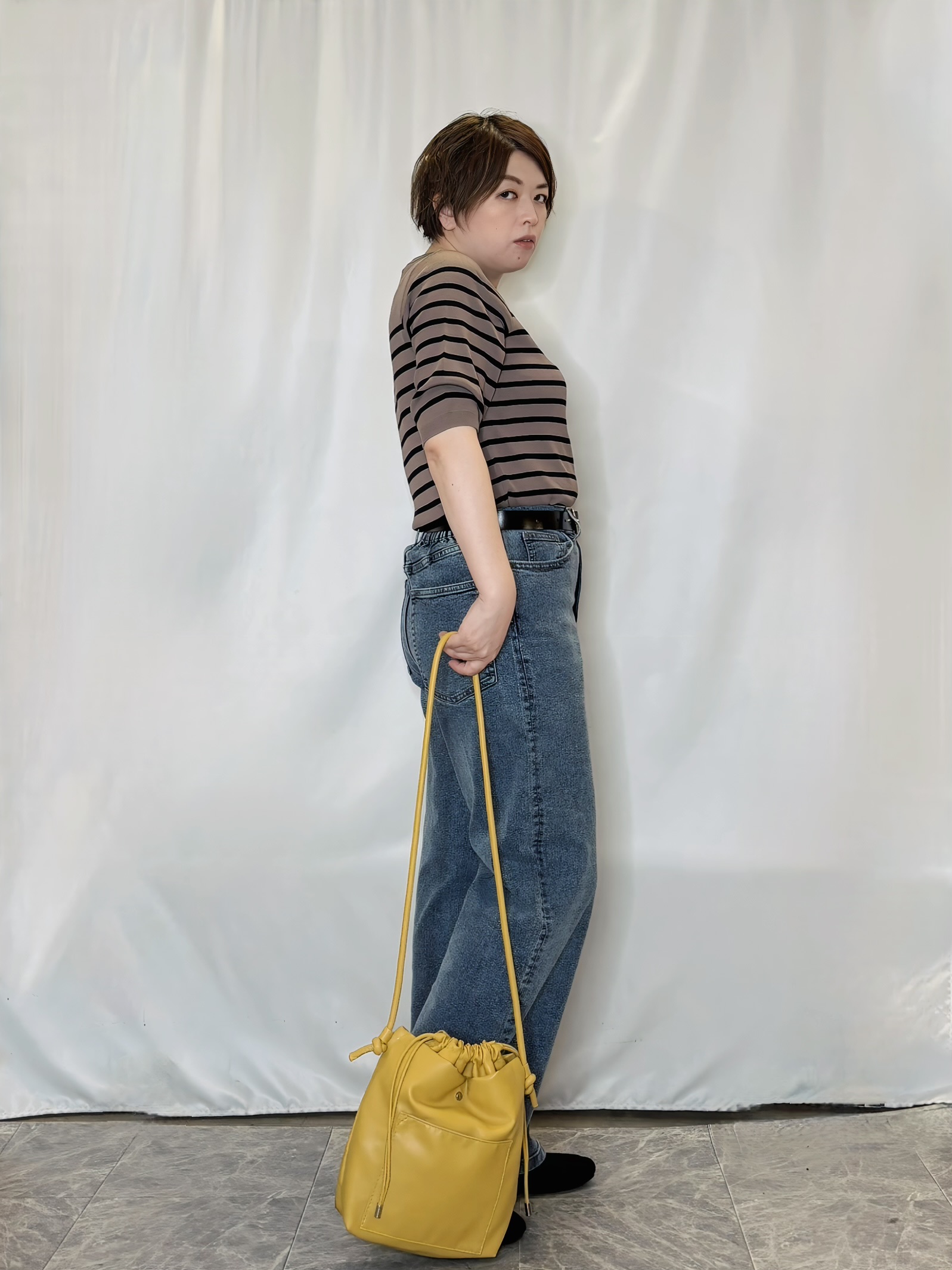 たみさんの「SHOO･LA･RUE｜【ガンガン洗える/毛玉になりにくい】二の腕見せない 5分袖ニット」を使ったコーディネート