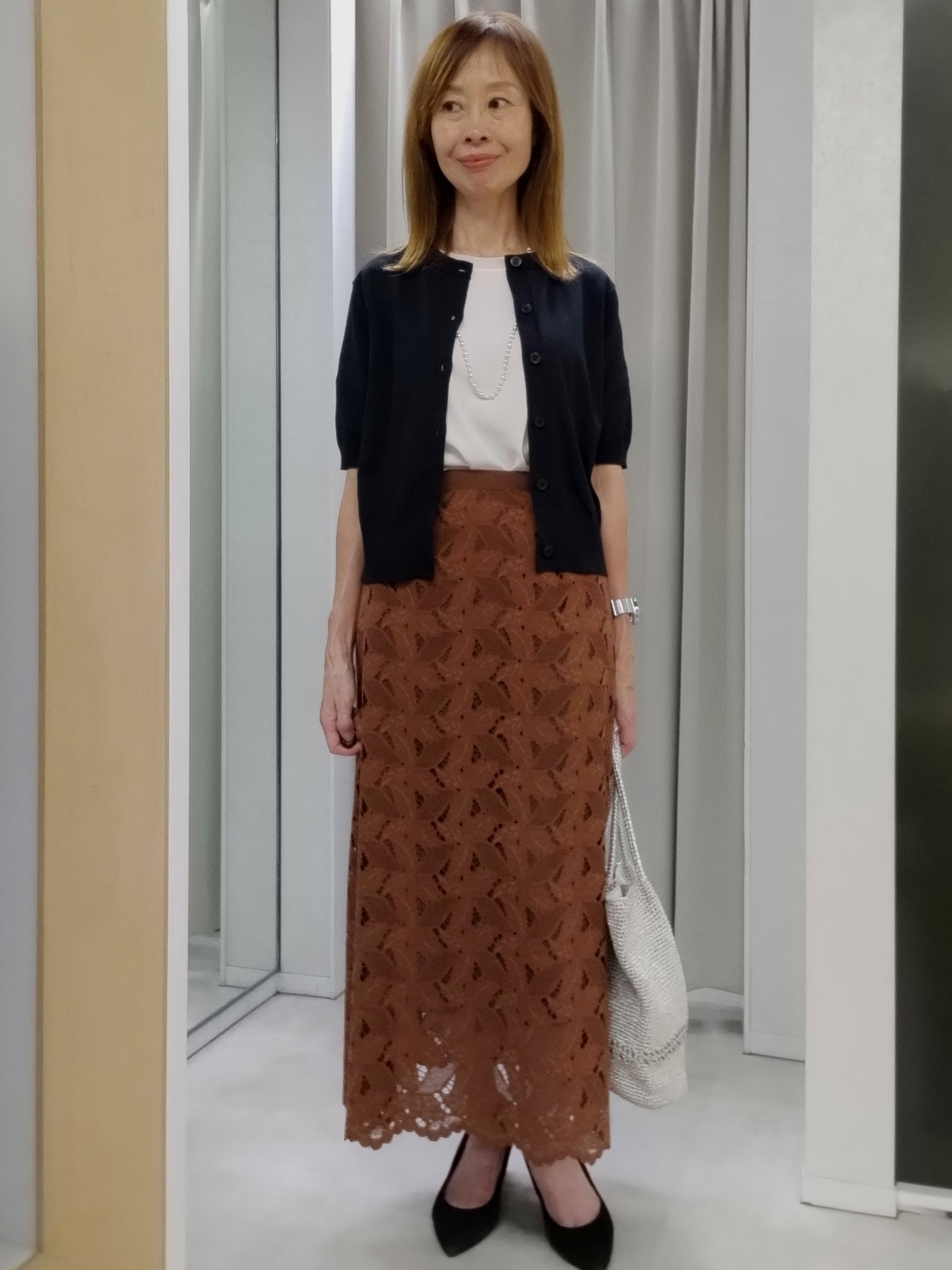 もりさんの「UNTITLED｜【すっきり秋羽織り/前開きボタン】ドライタッチ5分袖カーディガン」を使ったコーディネート