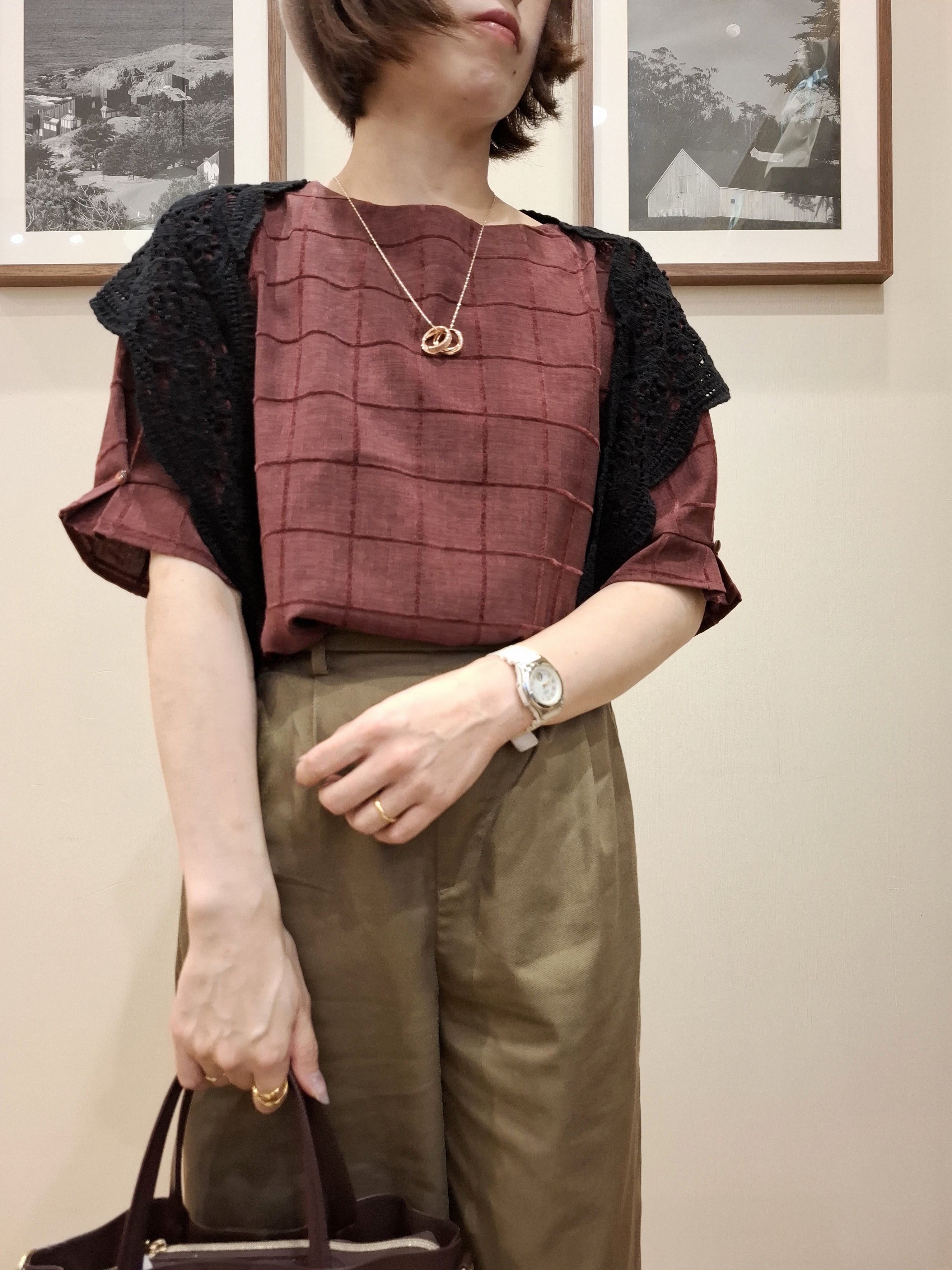 まあるさんの「SHOO･LA･RUE｜【セットアップ可/S-LL】1枚で秋気分 モールチェックタックスリーブ ブラウス」を使ったコーディネート
