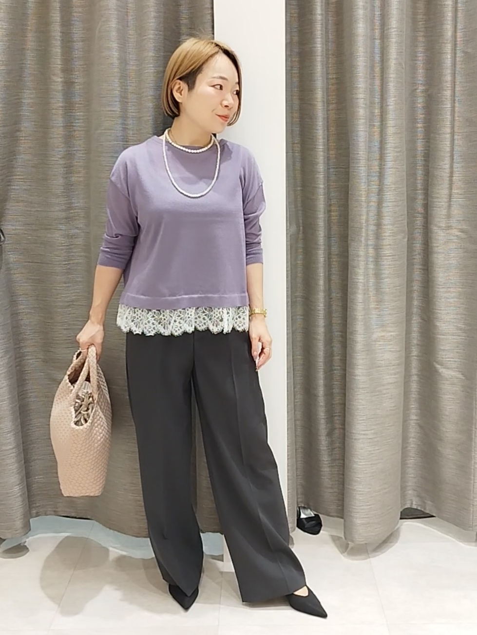 s u g iさんの「UNTITLED｜【一枚で着映え】レースドッキングニットプルオーバー」を使ったコーディネート