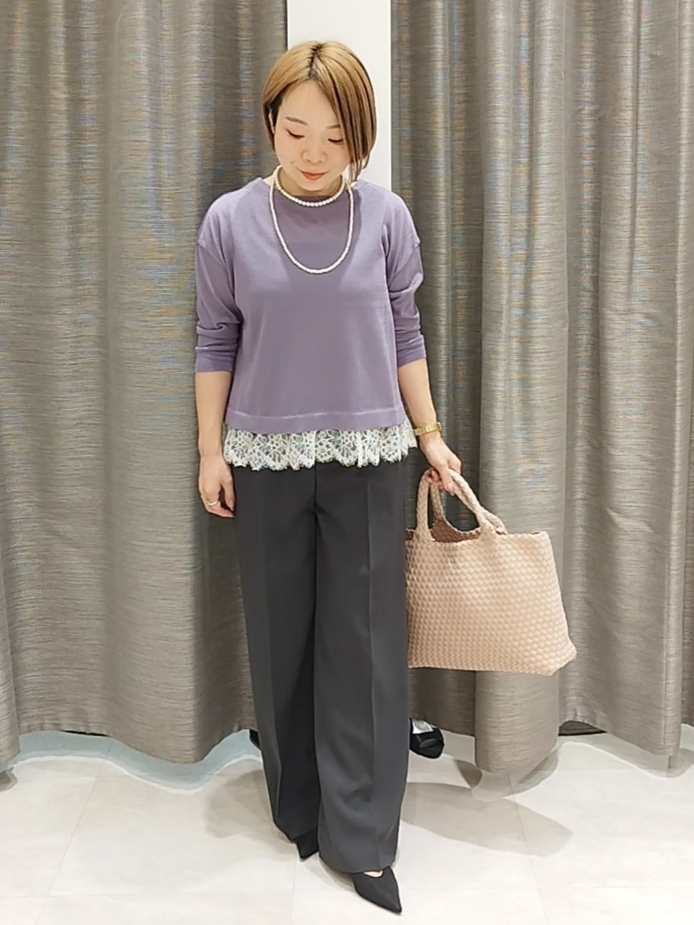 s u g iさんの「UNTITLED｜【一枚で着映え】レースドッキングニットプルオーバー」を使ったコーディネート