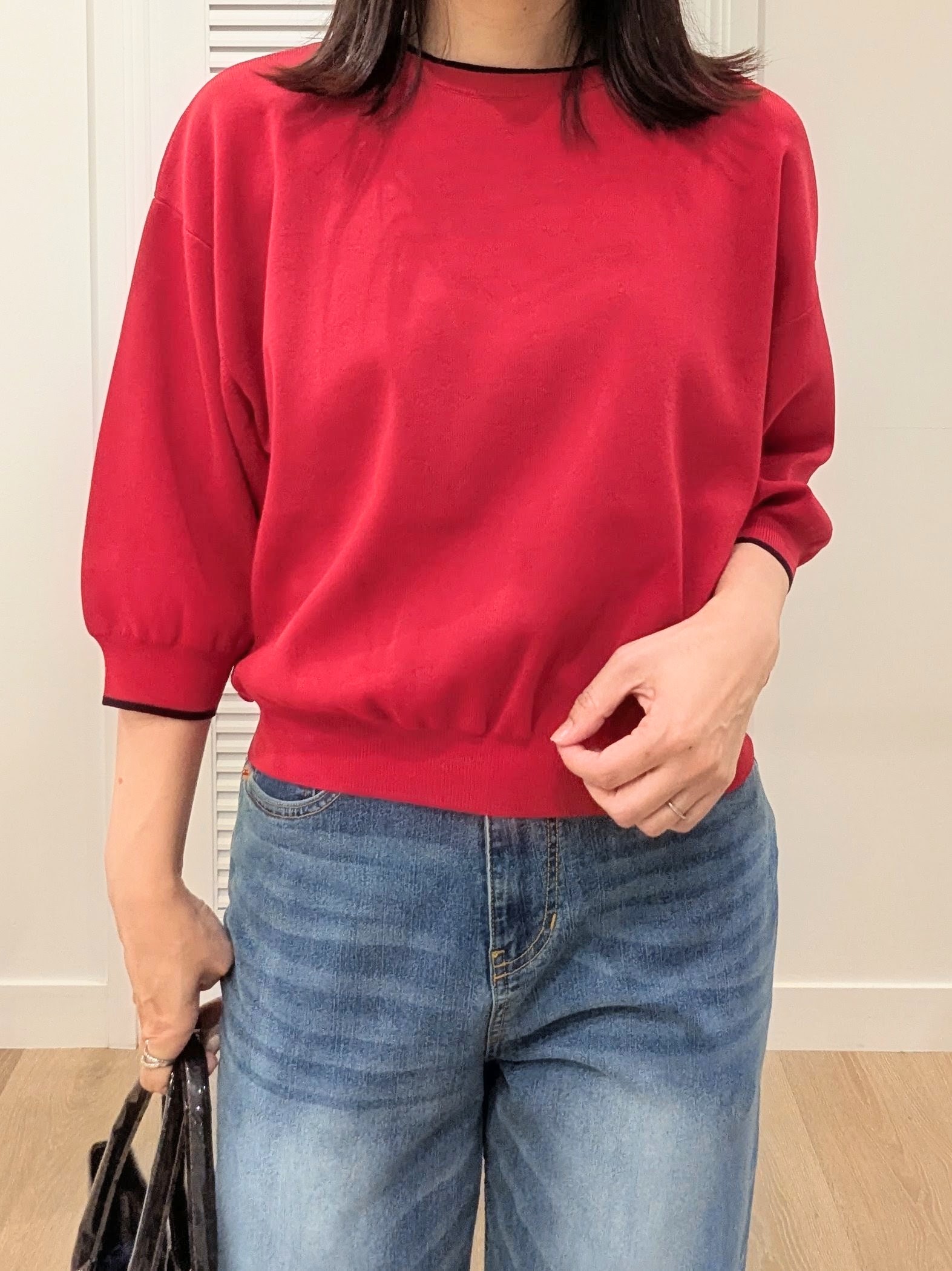 enさんの「Dessin｜【高レビュー/UVカット/洗濯機OK】6分袖配色ニット」を使ったコーディネート