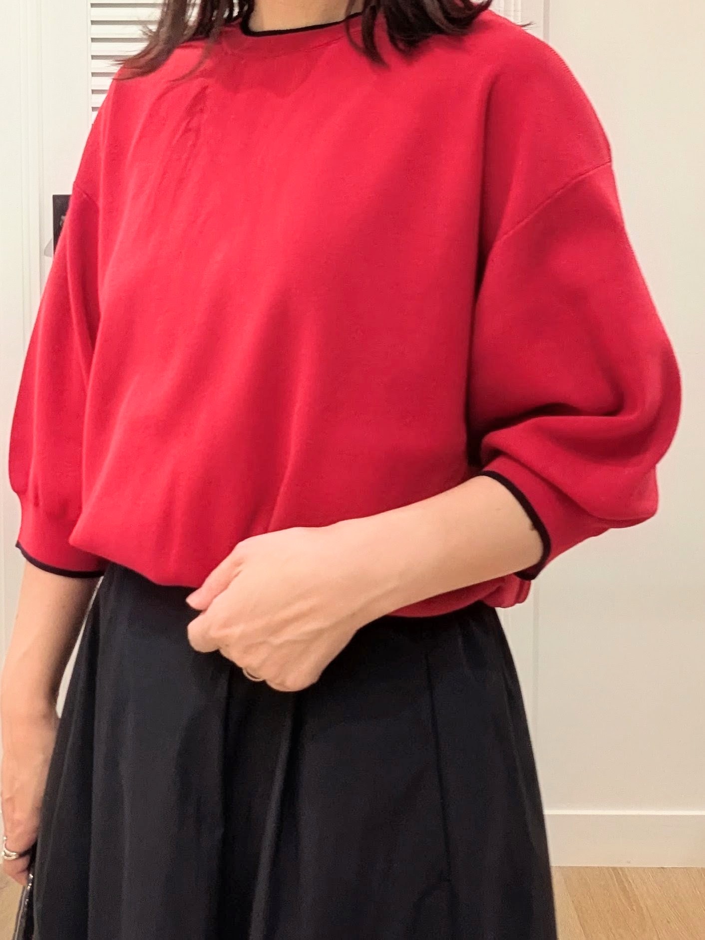 enさんの「Dessin｜【高レビュー/UVカット/洗濯機OK】6分袖配色ニット」を使ったコーディネート