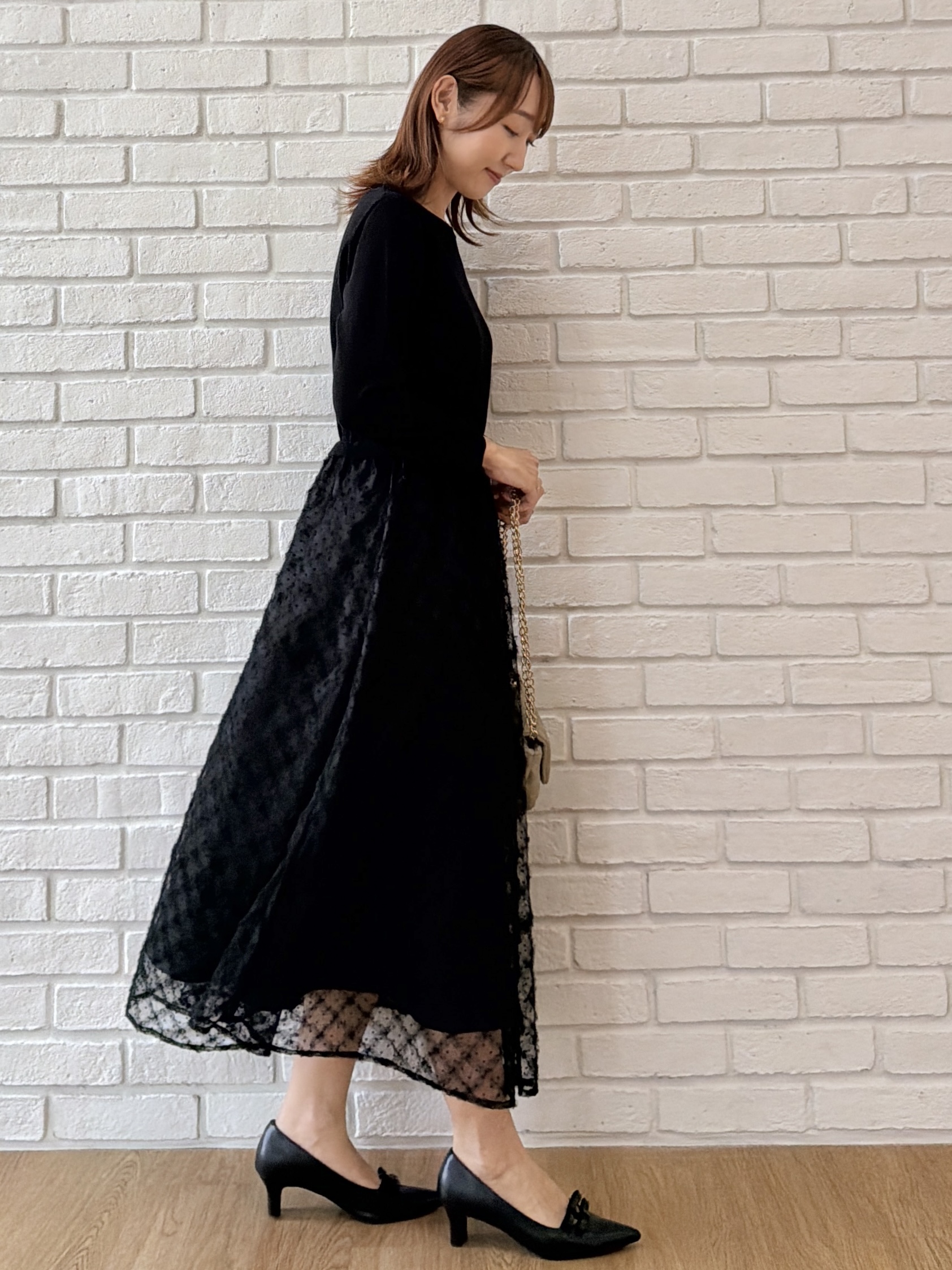 みぃさんの「Couture brooch｜【チュールの上品な揺れ・セットアップ可】ドッキング ニットワンピース」を使ったコーディネート