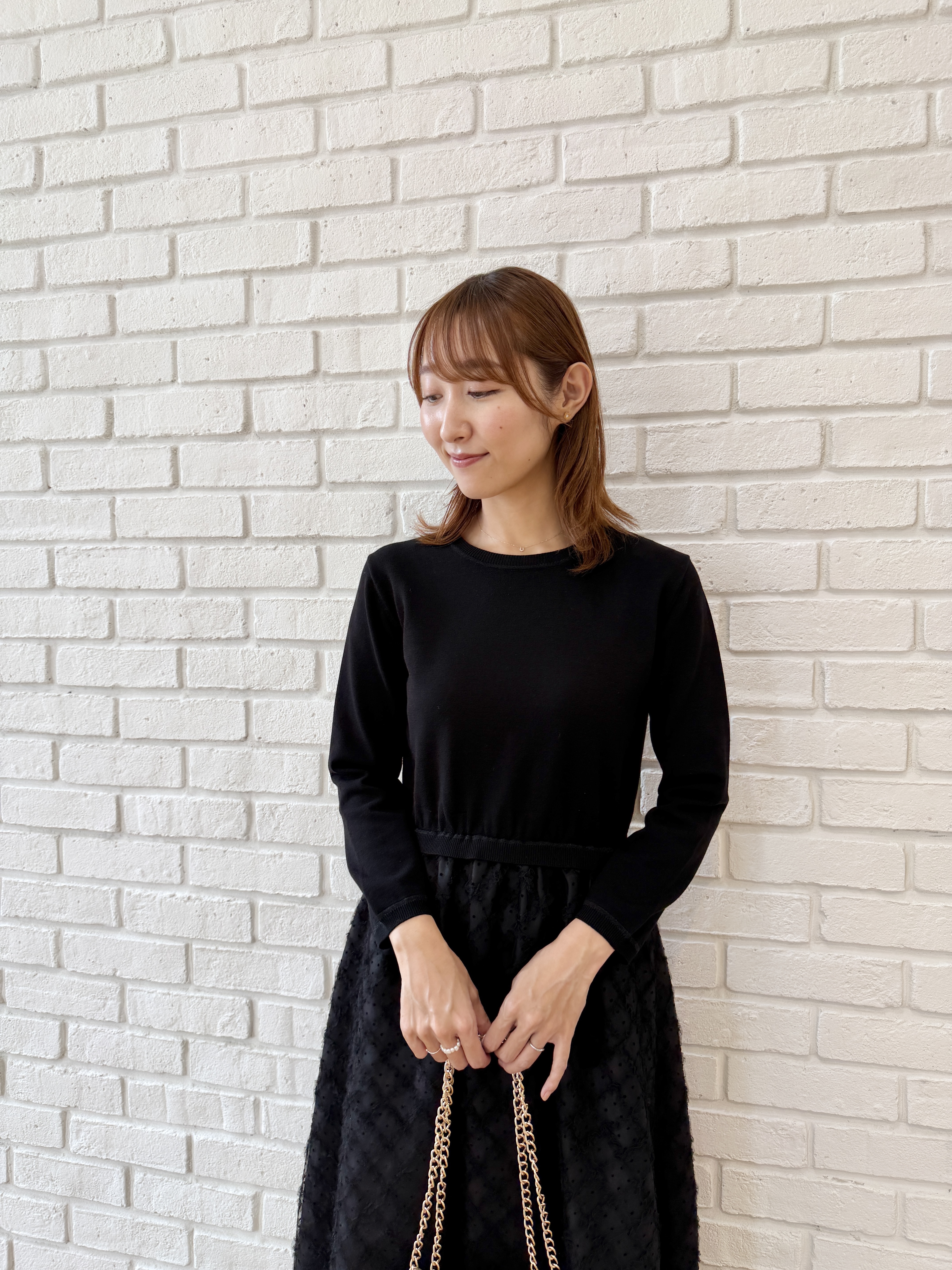みぃさんの「Couture brooch｜【チュールの上品な揺れ・セットアップ可】ドッキング ニットワンピース」を使ったコーディネート