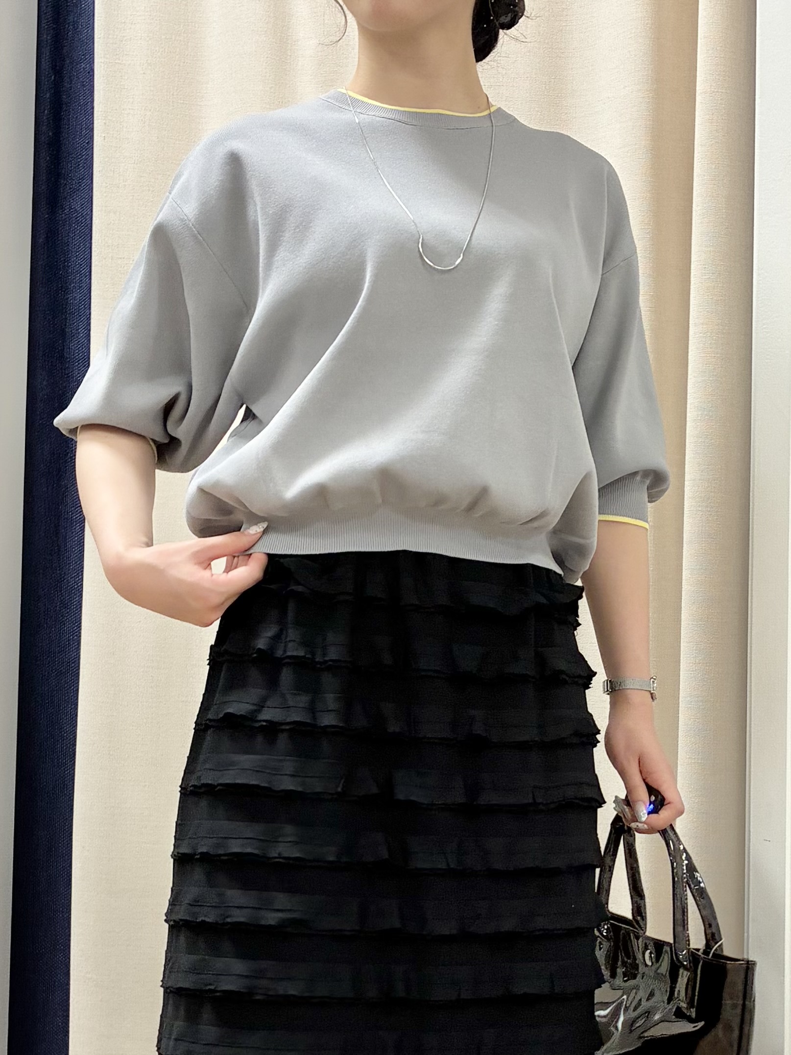 KANNAさんの「Dessin｜【UVカット/マシンウォッシャブル】6分袖配色ニット」を使ったコーディネート