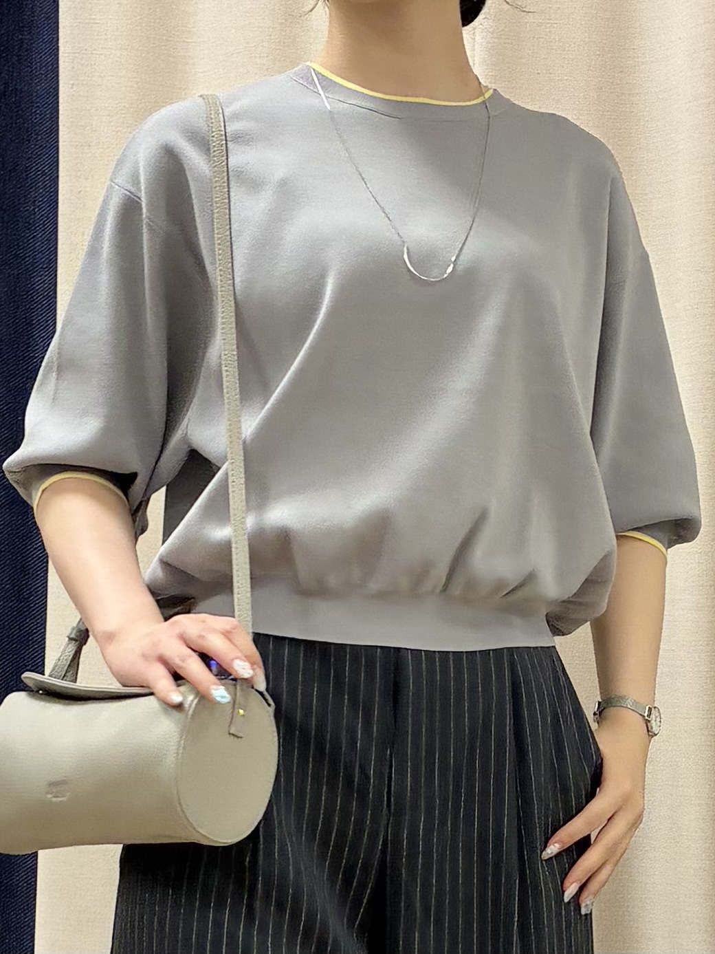 KANNAさんの「Dessin｜【UVカット/マシンウォッシャブル】6分袖配色ニット」を使ったコーディネート