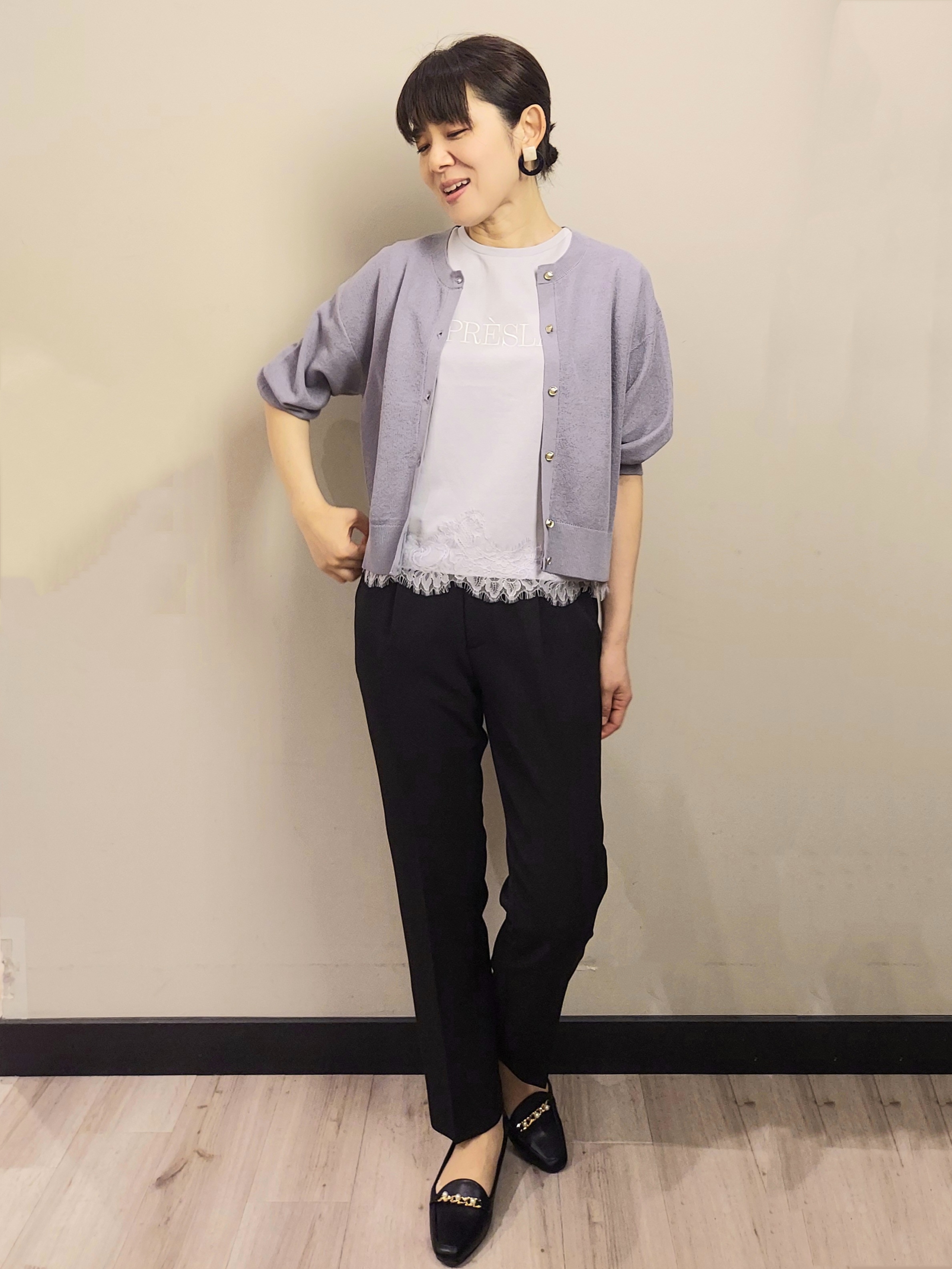 MAKIさんの「index｜【８色展開】柄アソートシアーカーディガン《洗濯機OK》」を使ったコーディネート