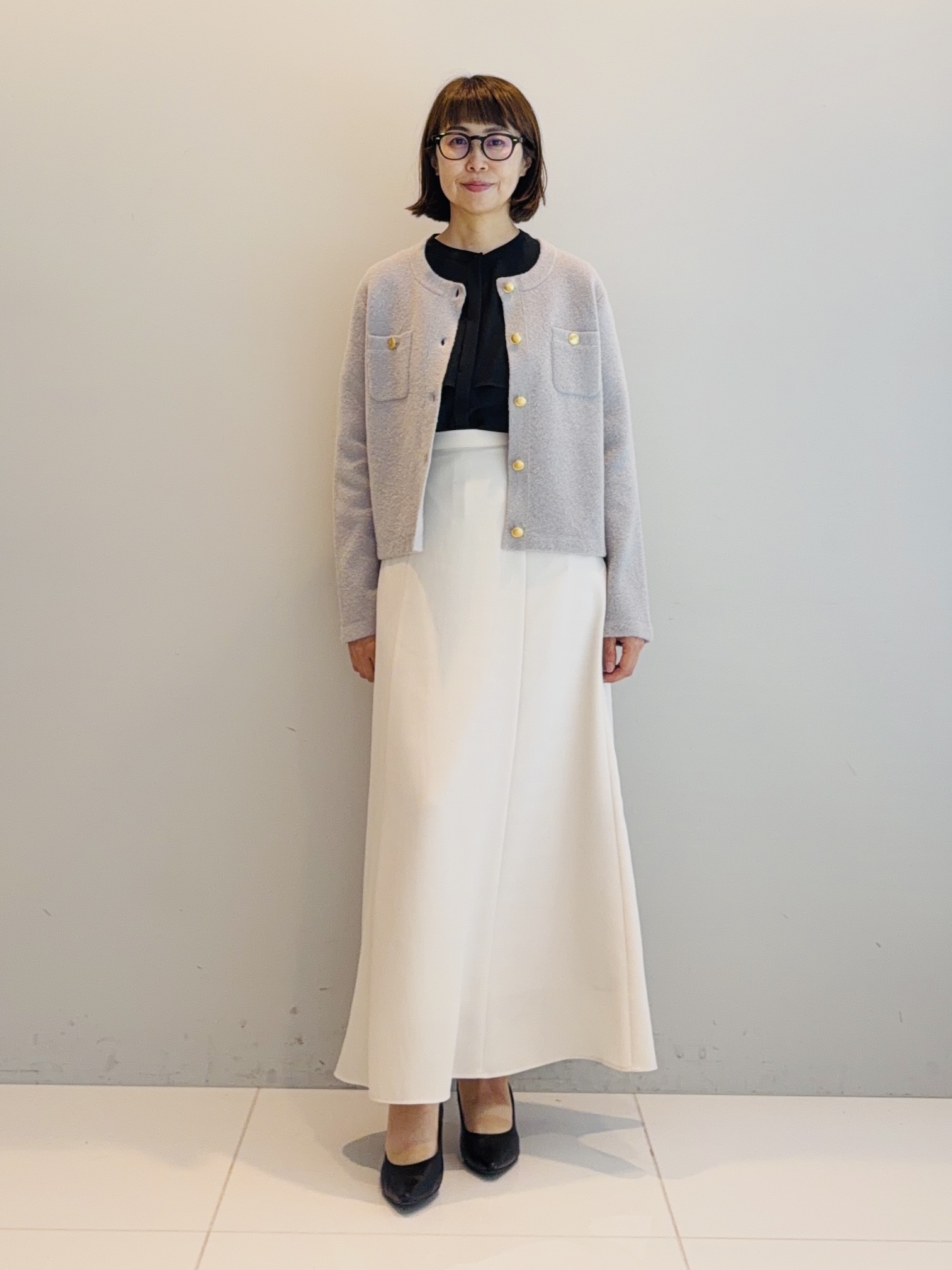 murayamaさんの「INDIVI｜【軽やか】ブークレニットジャケット」を使ったコーディネート