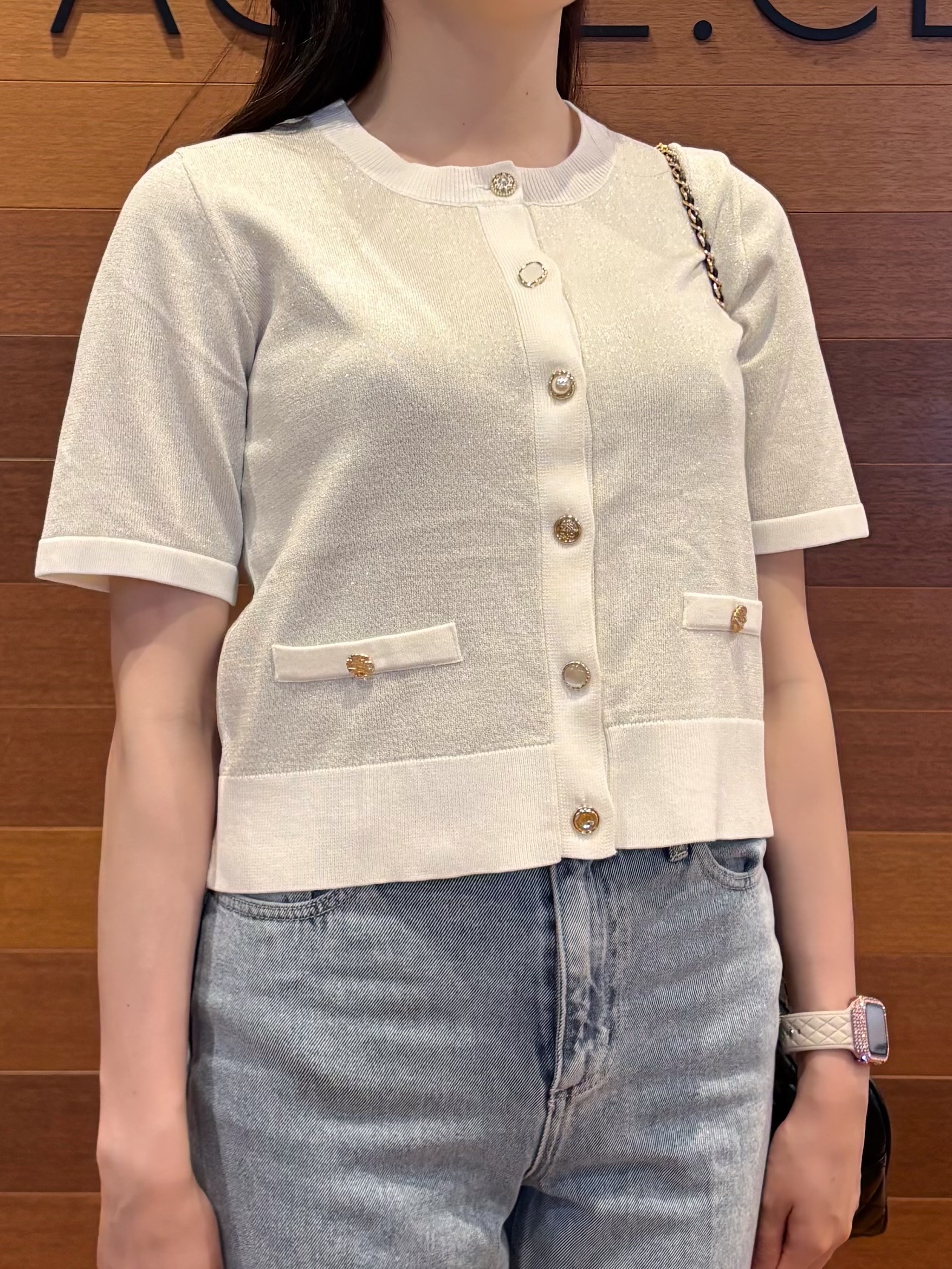 わかなさんの「OPAQUE.CLIP｜ラメアソートバイカラー半袖カーディガン【洗濯機OK】」を使ったコーディネート