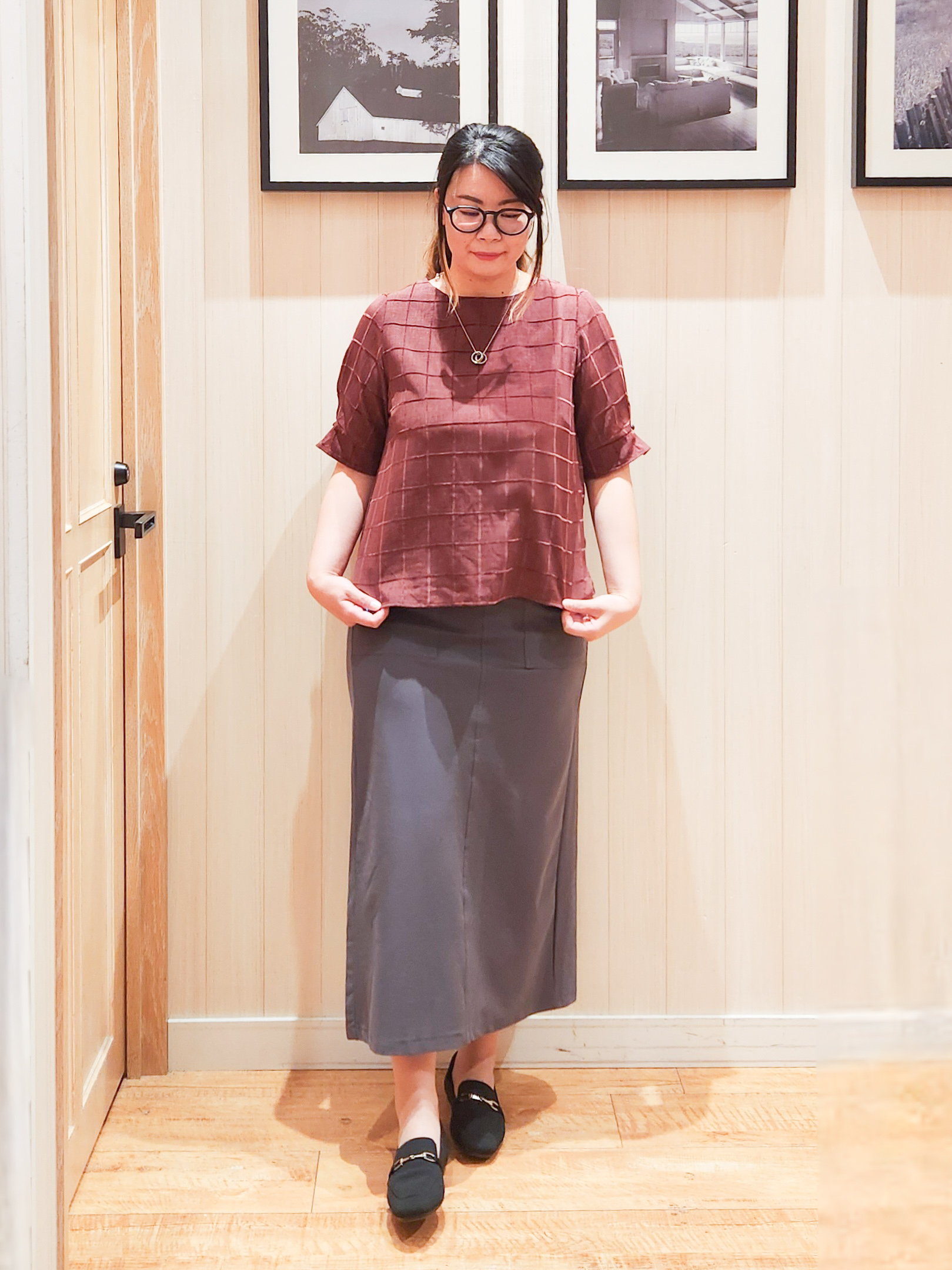 れーやんさんの「SHOO･LA･RUE｜【セットアップ可/S-LL】1枚で秋気分 モールチェックタックスリーブ ブラウス」を使ったコーディネート