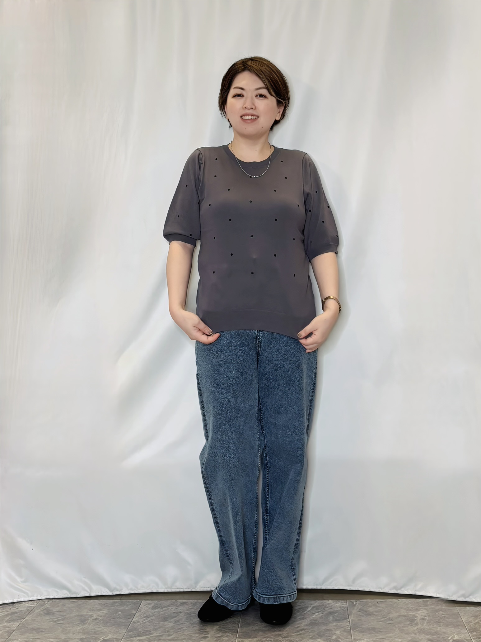 たみさんの「SHOO･LA･RUE｜【S-LL】さらっとタッチ 大人のドット刺繍ニット」を使ったコーディネート
