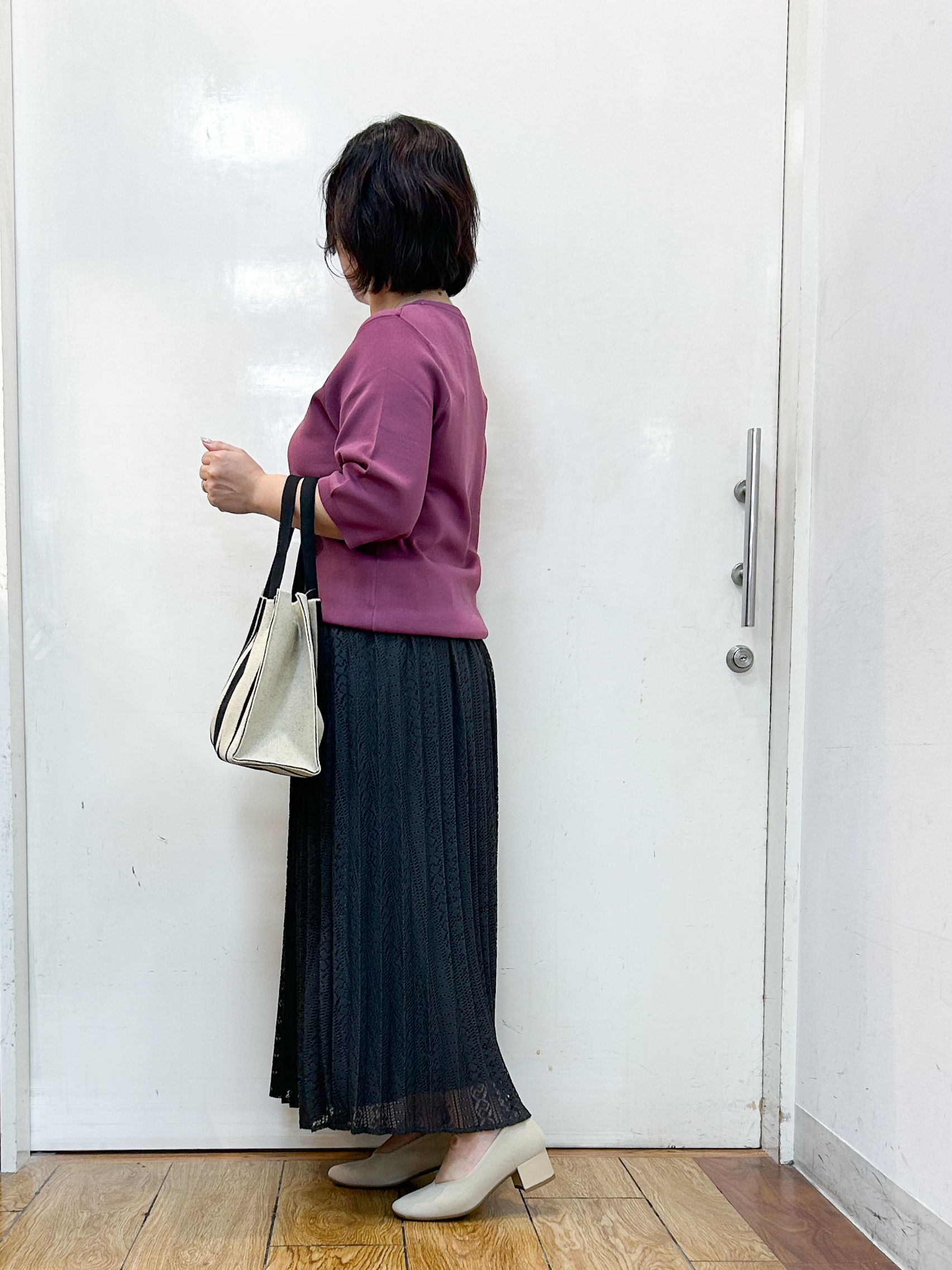 haruさんの「SHOO･LA･RUE｜【ガンガン洗える/ひんやり/UV/毛玉になりにくい】二の腕見せない 5分袖ニット」を使ったコーディネート