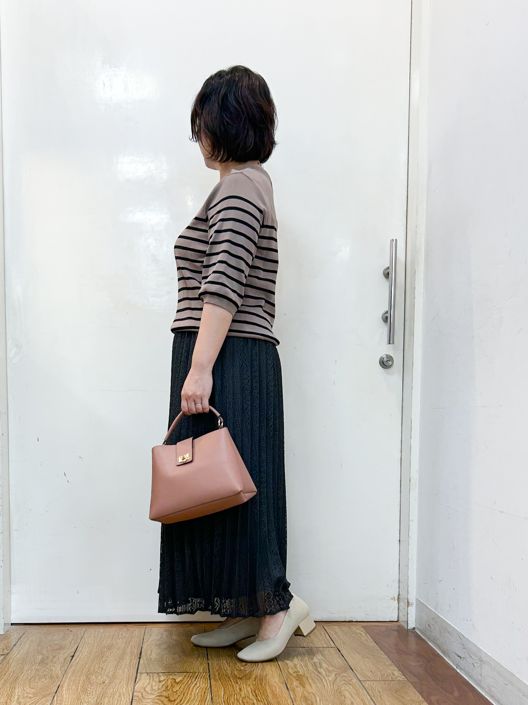 haruさんの「SHOO･LA･RUE｜【ガンガン洗える/ひんやり/UV/毛玉になりにくい】二の腕見せない 5分袖ニット」を使ったコーディネート
